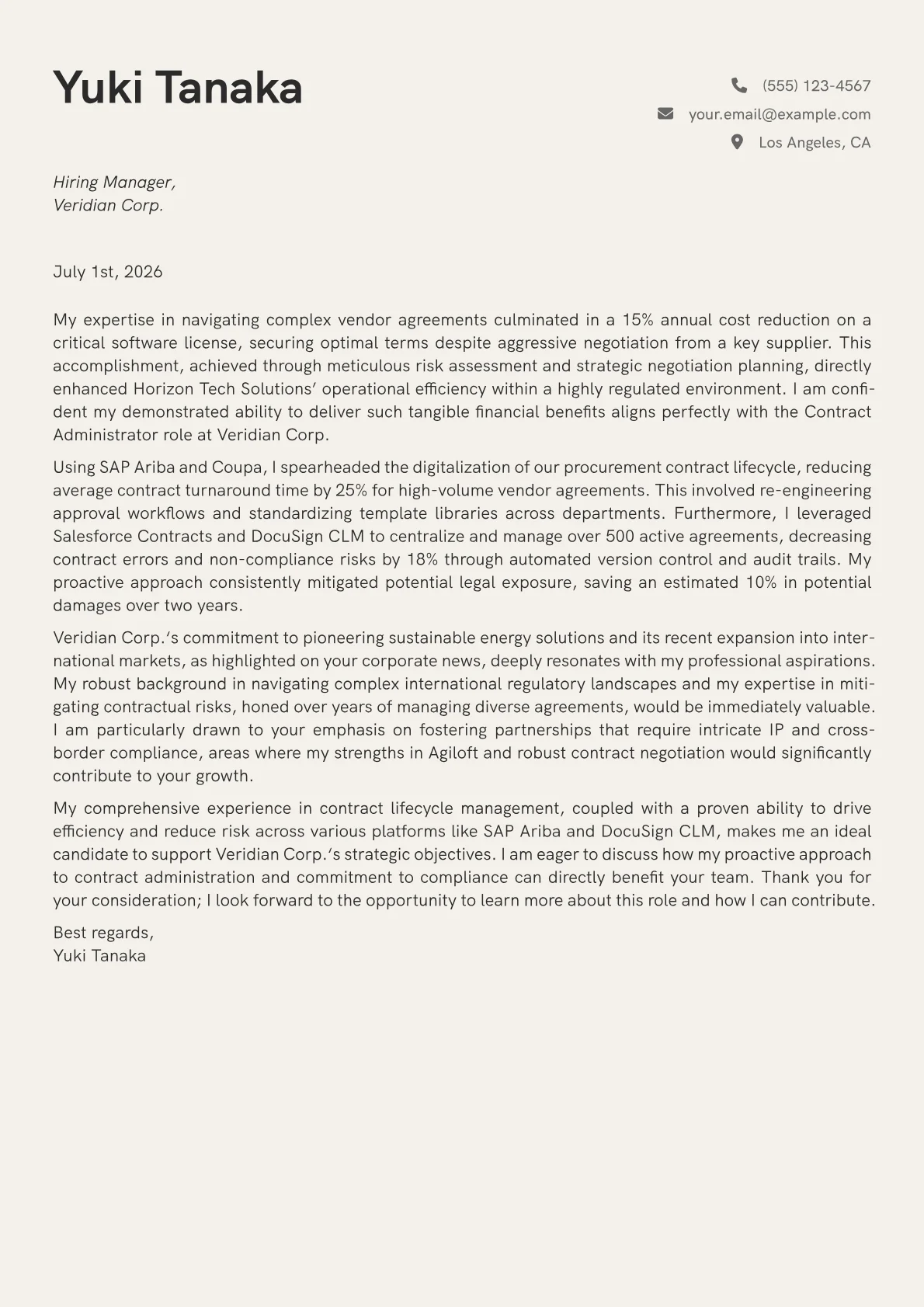 Contract Administrator cover letter formatted with a JobSprout template