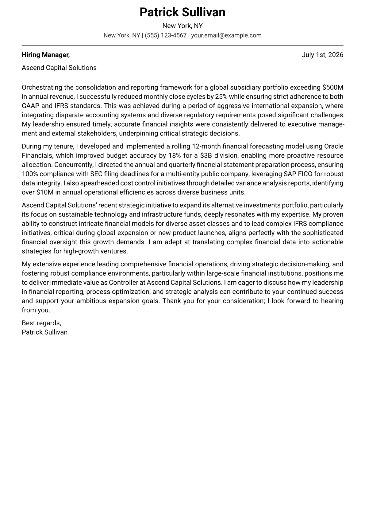 Controller cover letter formatted with a JobSprout template