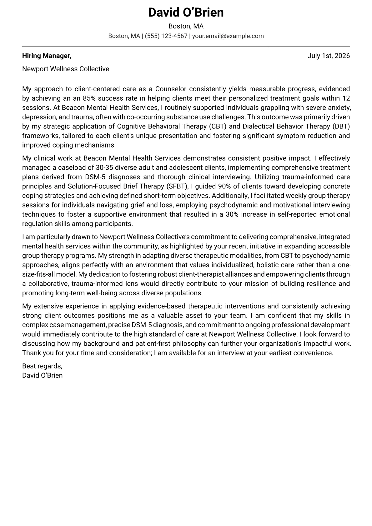 Counselor cover letter formatted with a JobSprout template