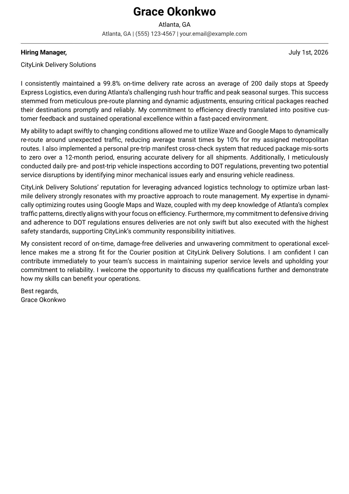Courier cover letter formatted with a JobSprout template