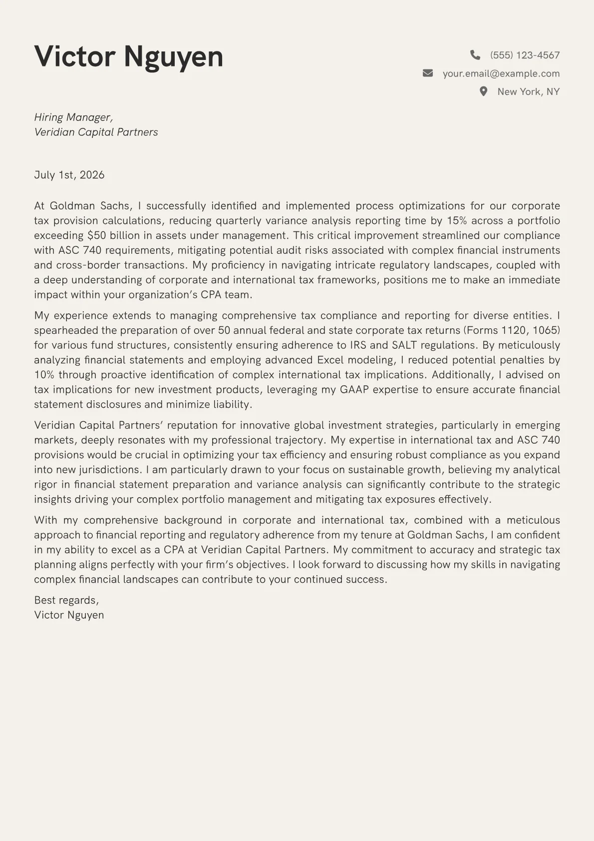 CPA cover letter formatted with a JobSprout template
