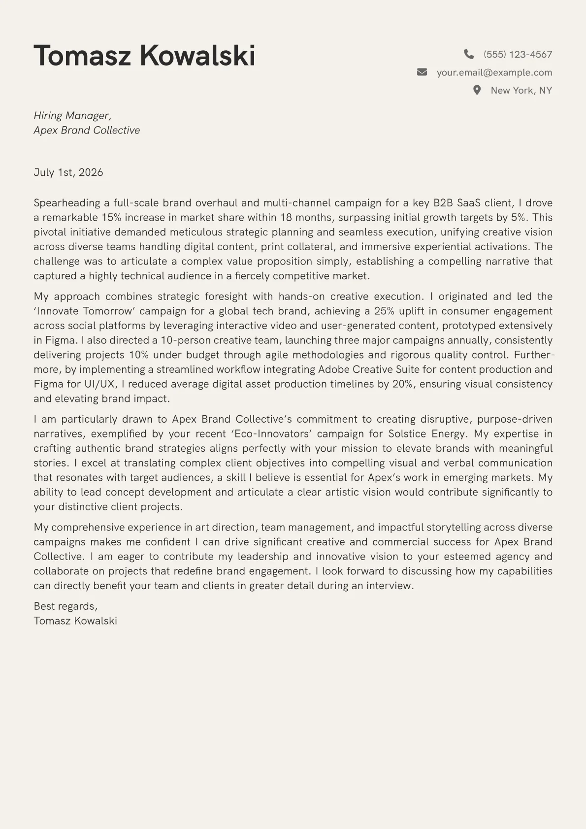 Creative Director cover letter formatted with a JobSprout template