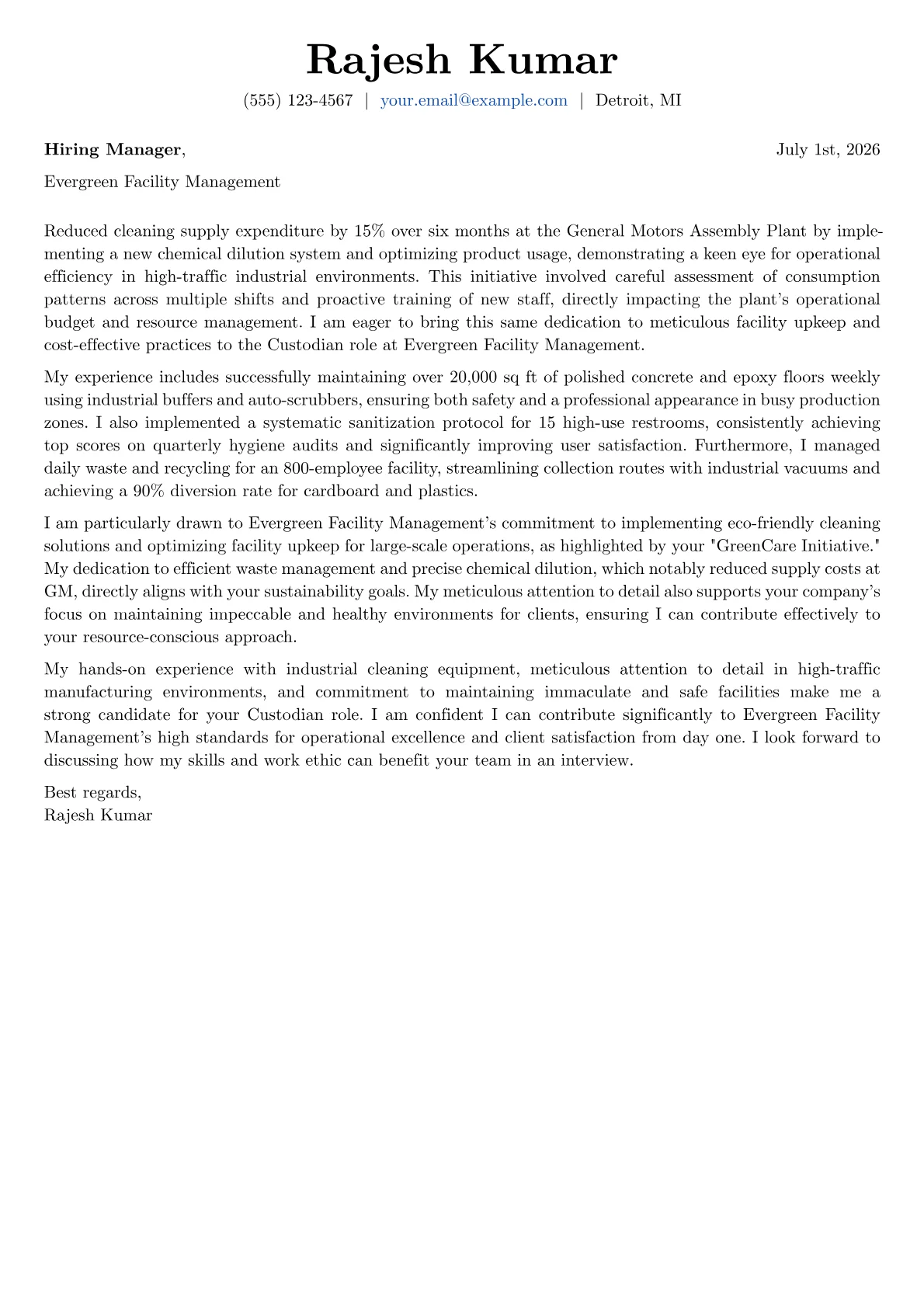 Custodian cover letter formatted with a JobSprout template