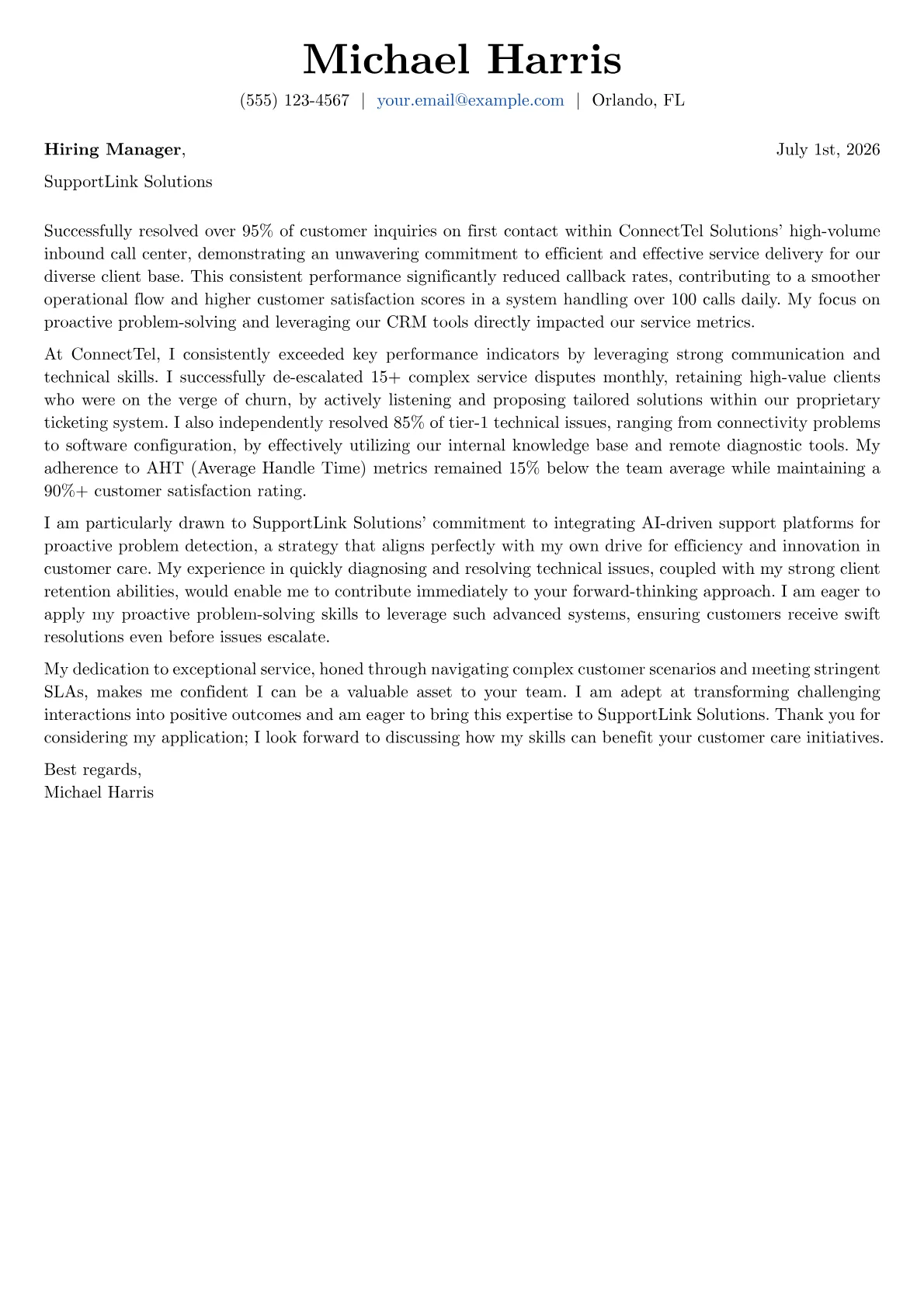 Customer Care Representative cover letter formatted with a JobSprout template