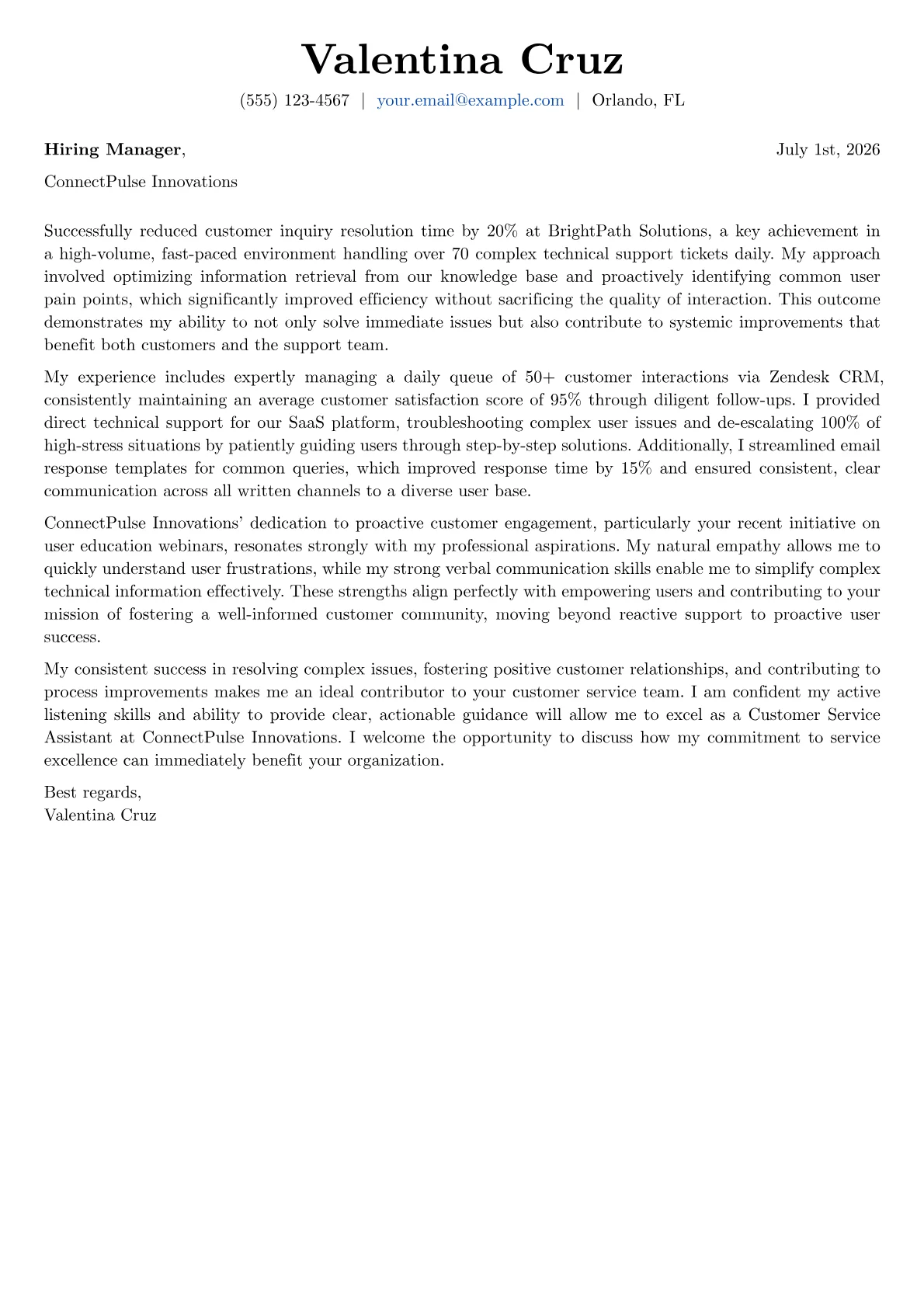 Customer Service Assistant cover letter formatted with a JobSprout template