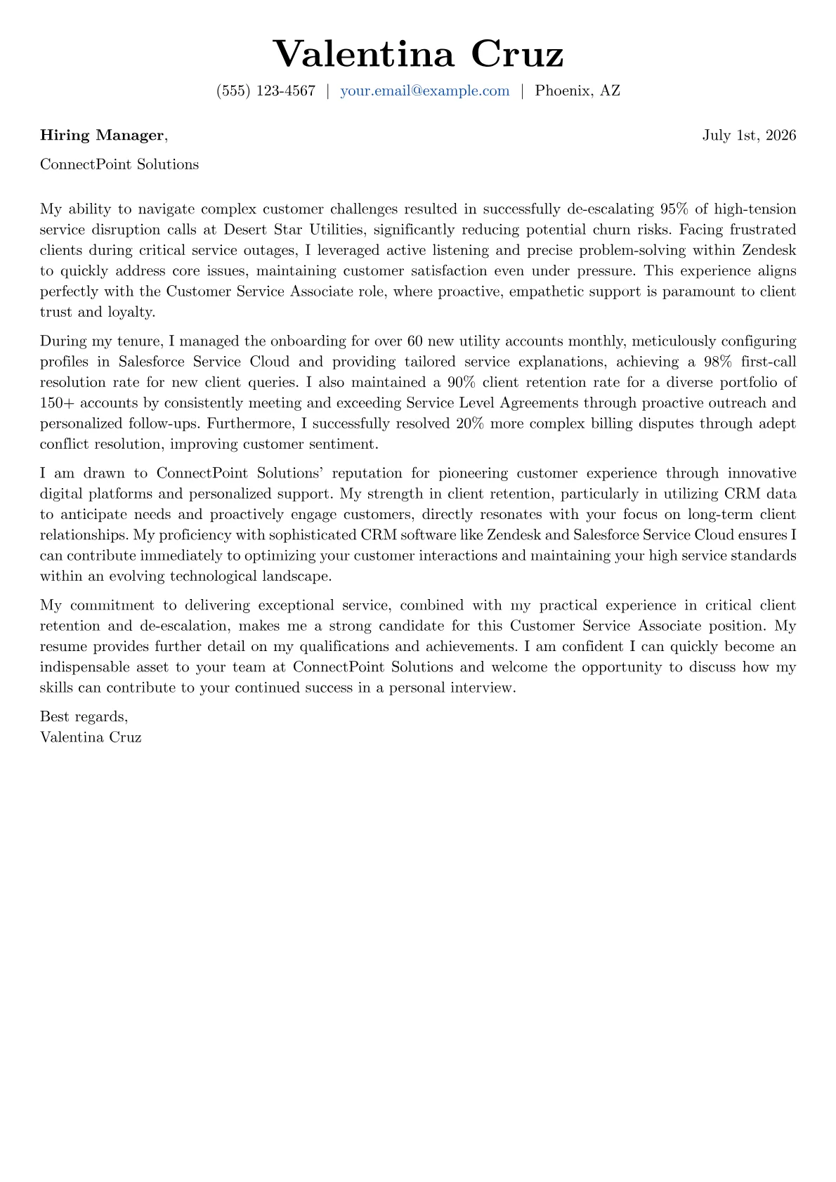 Customer Service Associate cover letter formatted with a JobSprout template