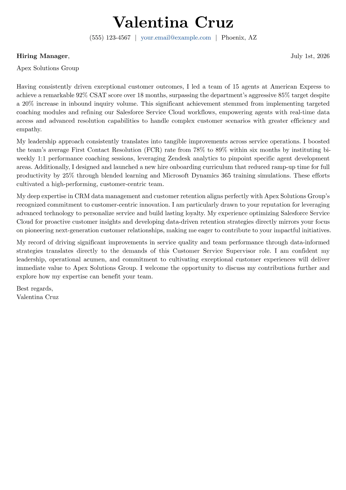 Customer Service Supervisor cover letter formatted with a JobSprout template