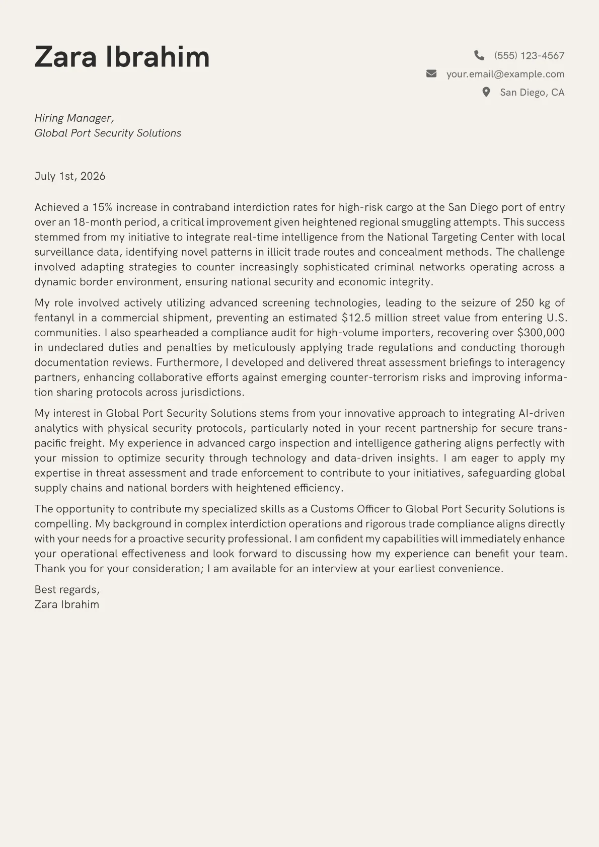 Customs Officer cover letter formatted with a JobSprout template