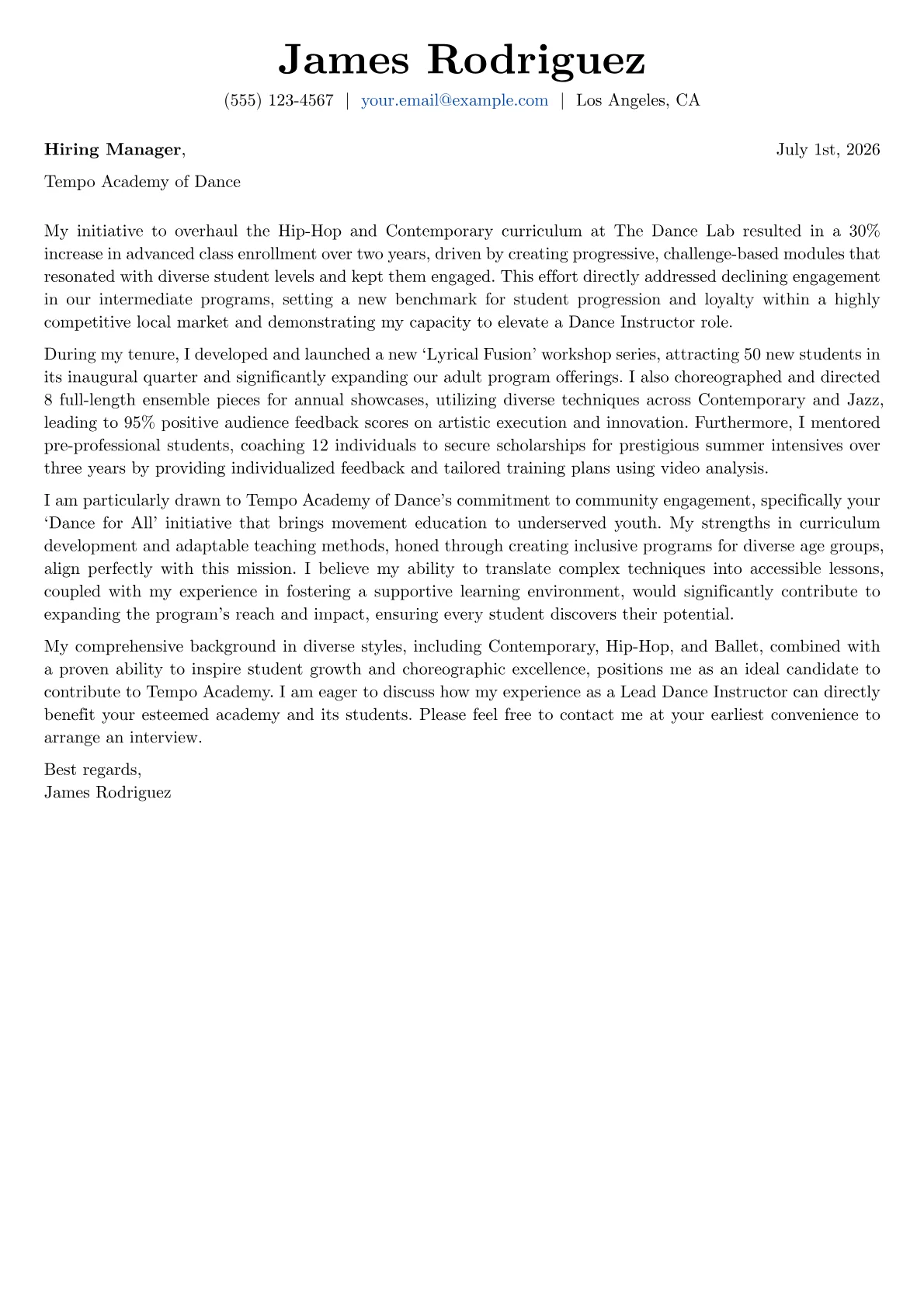 Dance Instructor cover letter formatted with a JobSprout template