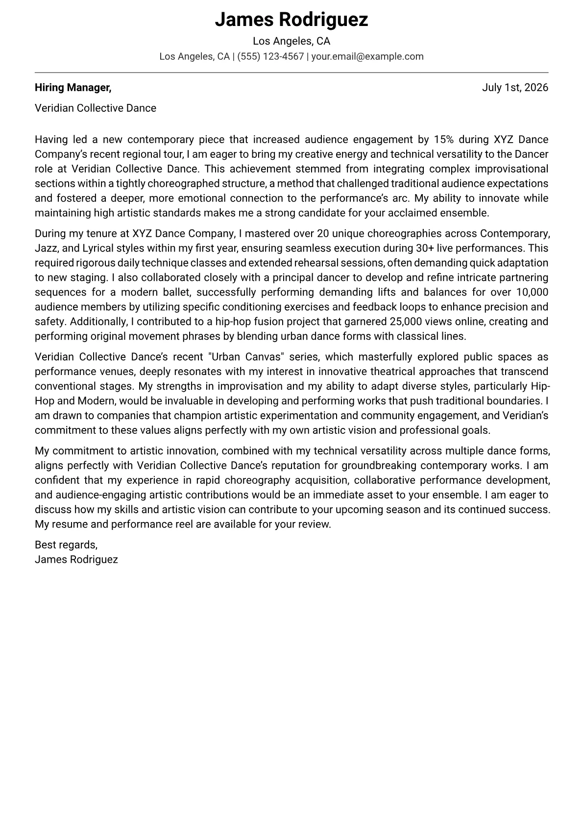 Dancer cover letter formatted with a JobSprout template