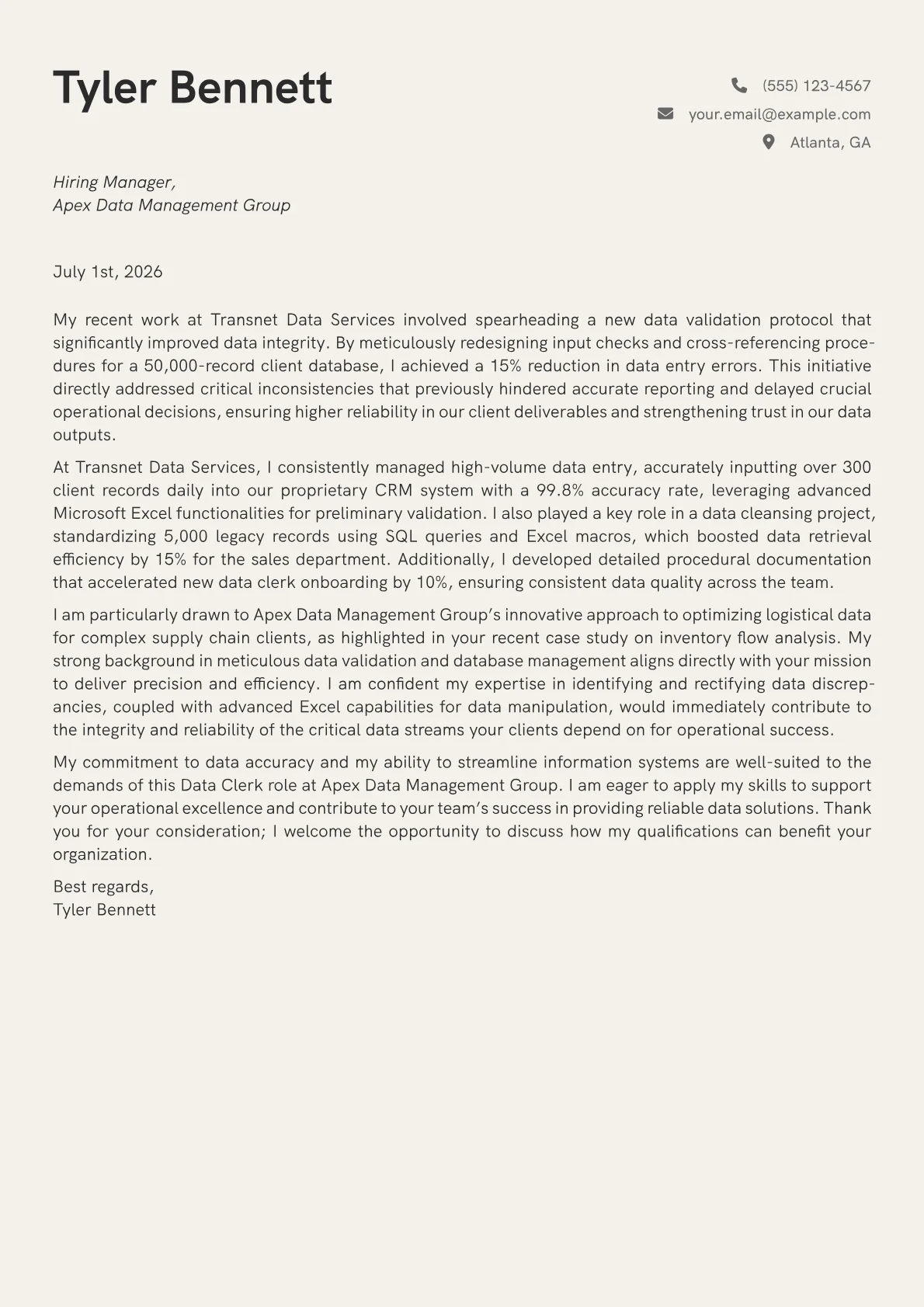 Data Clerk cover letter formatted with a JobSprout template