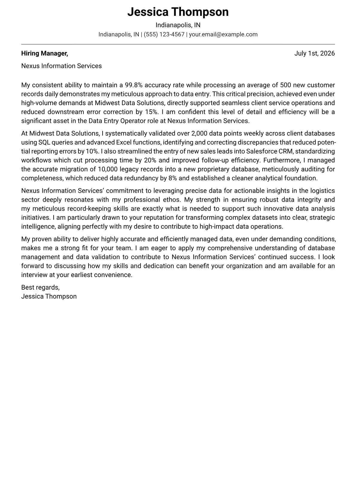 Data Entry Operator cover letter formatted with a JobSprout template
