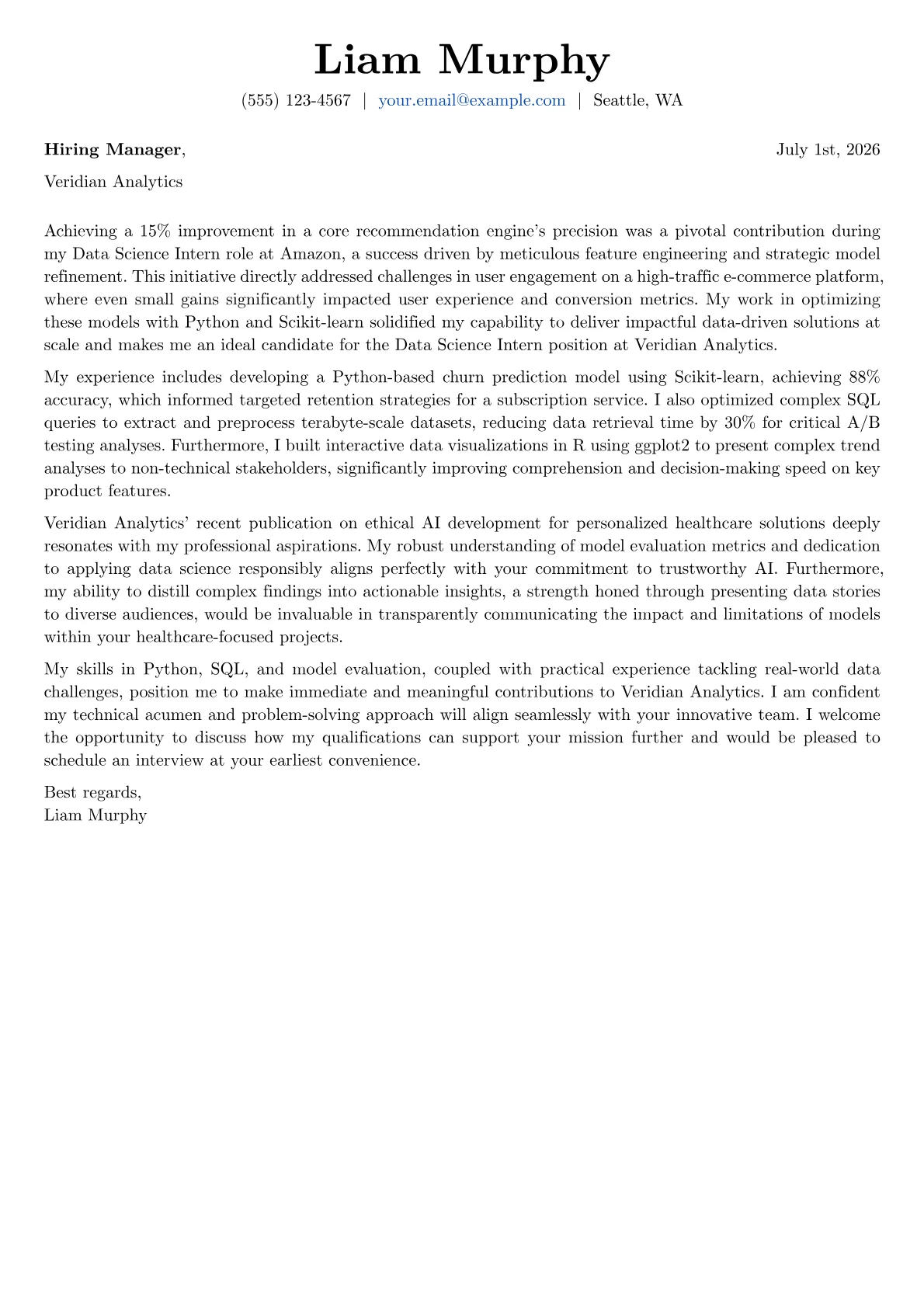 Data Science Intern cover letter formatted with a JobSprout template