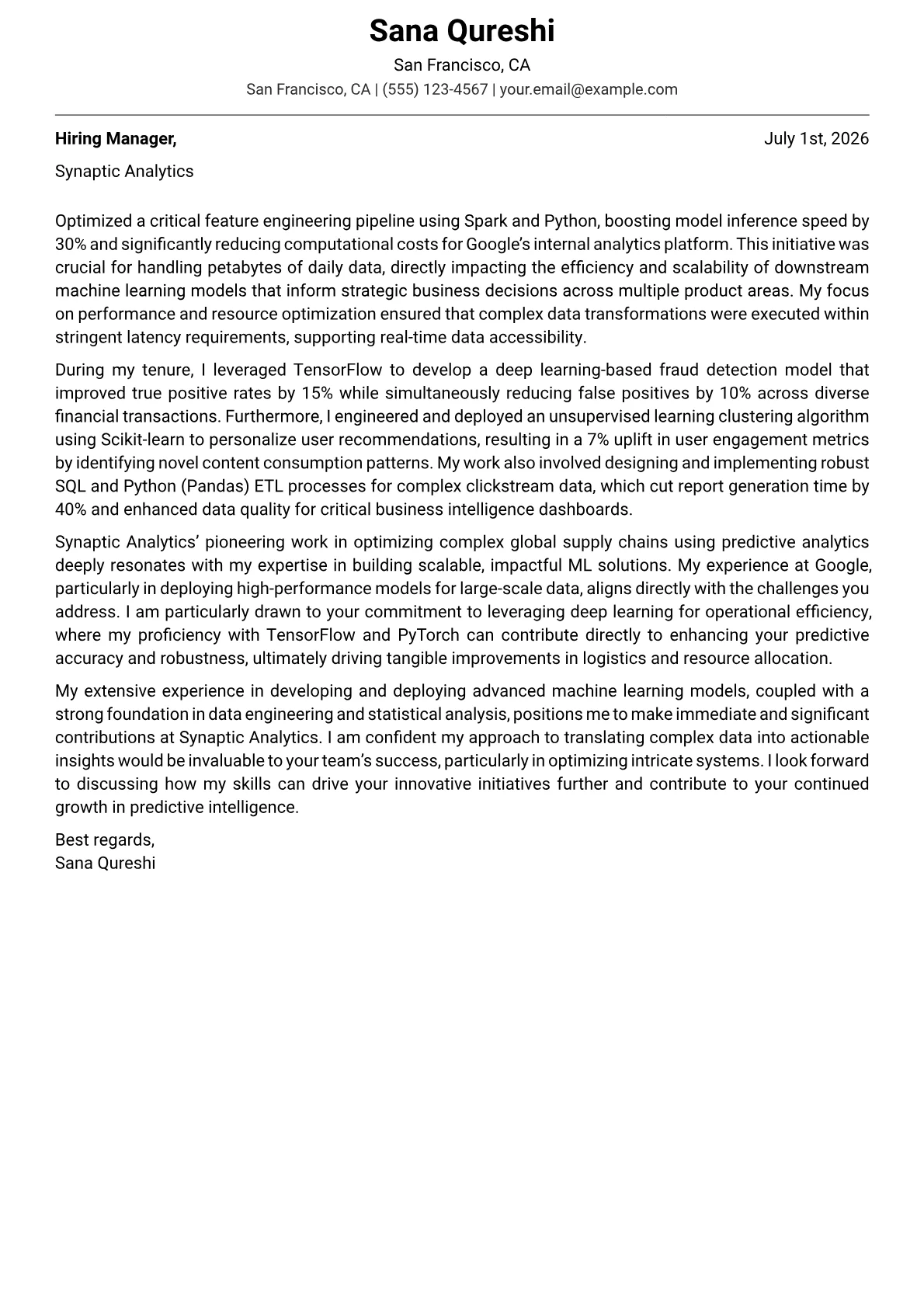 Data Scientist cover letter formatted with a JobSprout template