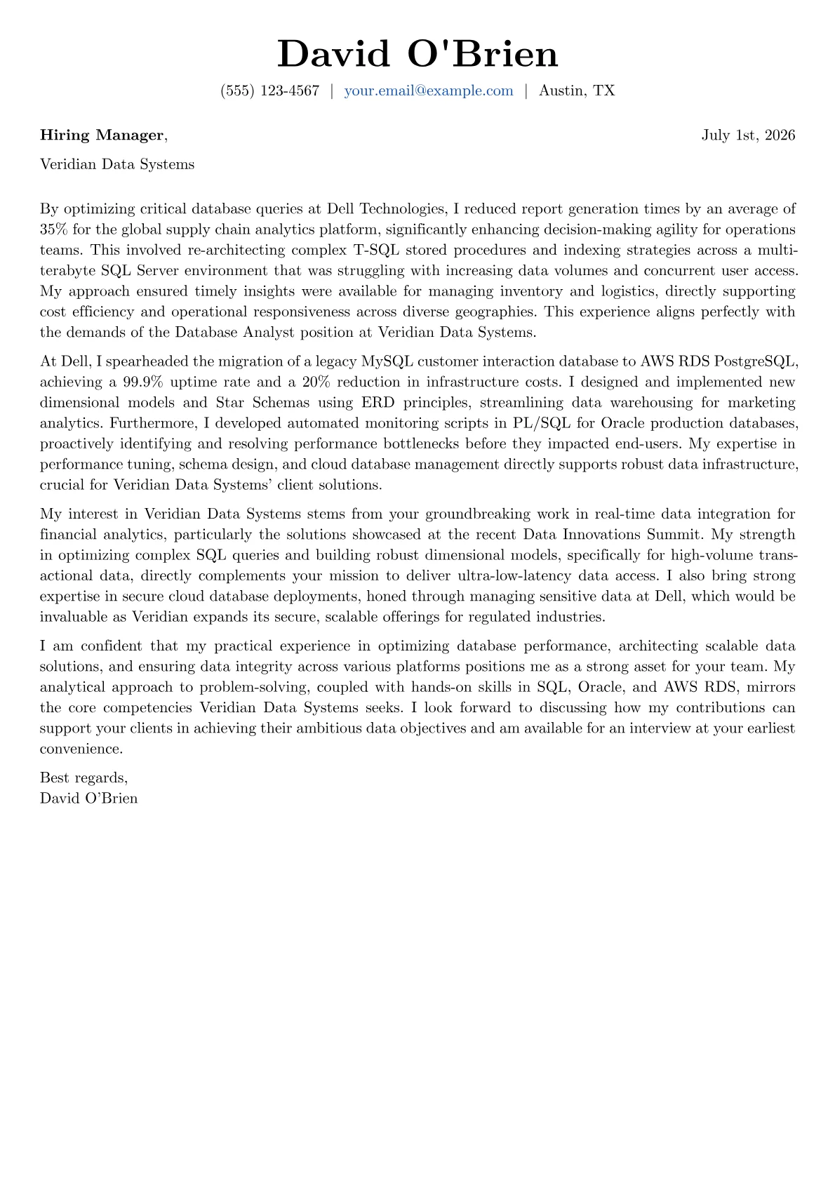 Database Analyst cover letter formatted with a JobSprout template