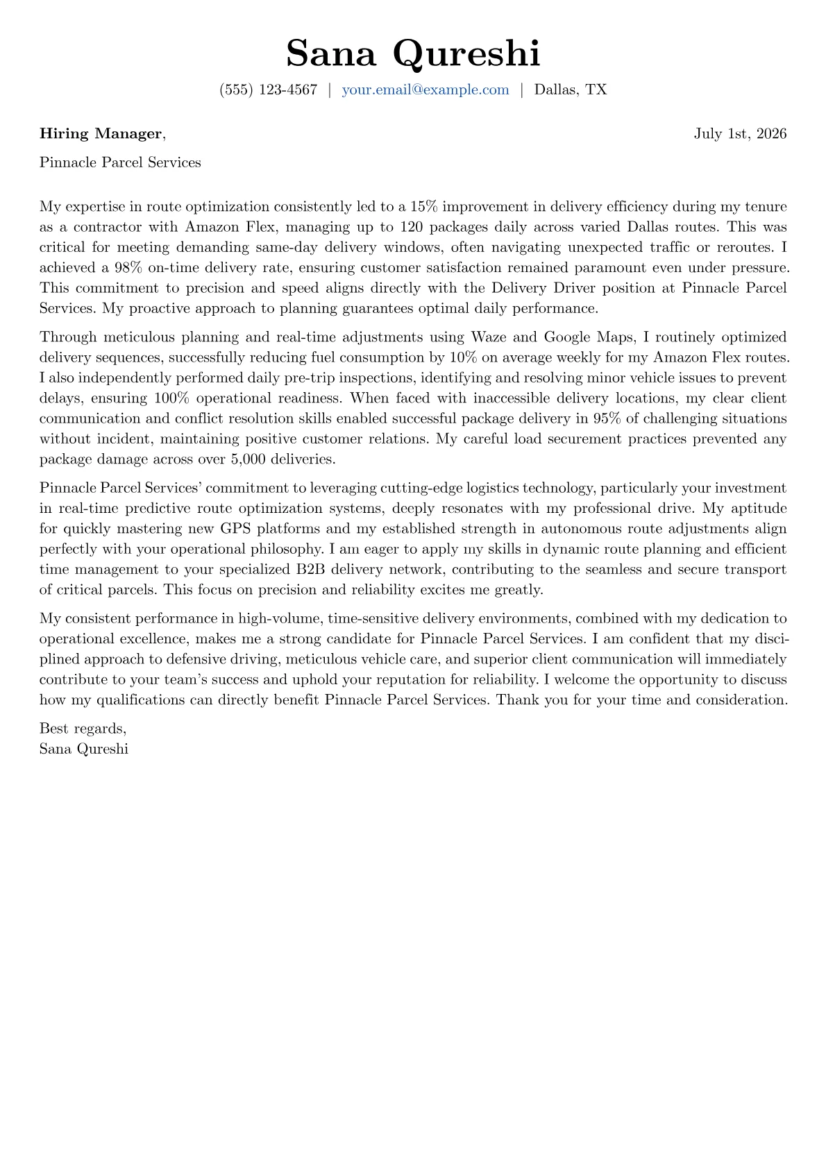 Delivery Driver cover letter formatted with a JobSprout template