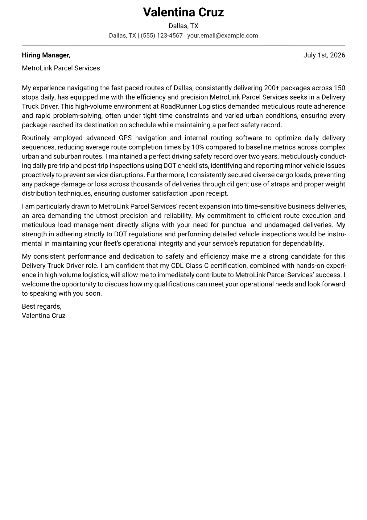 Delivery Truck Driver cover letter formatted with a JobSprout template