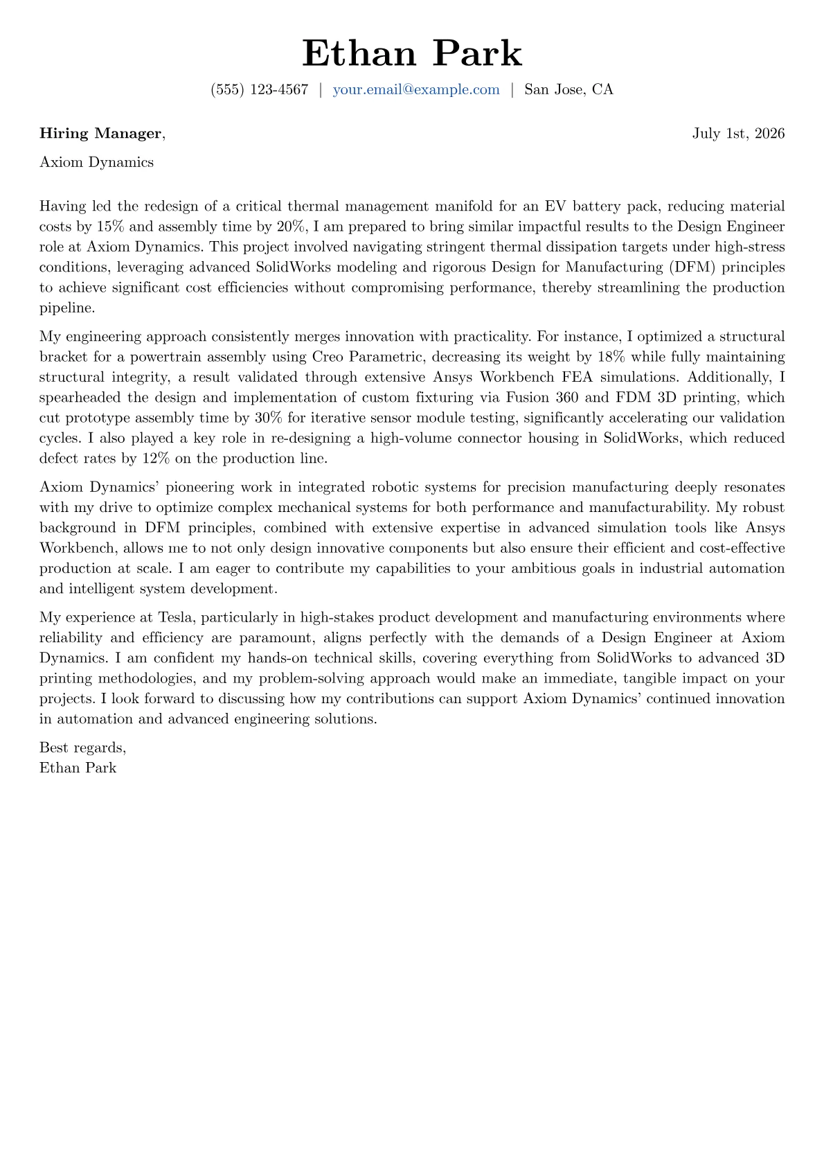 Design Engineer cover letter formatted with a JobSprout template