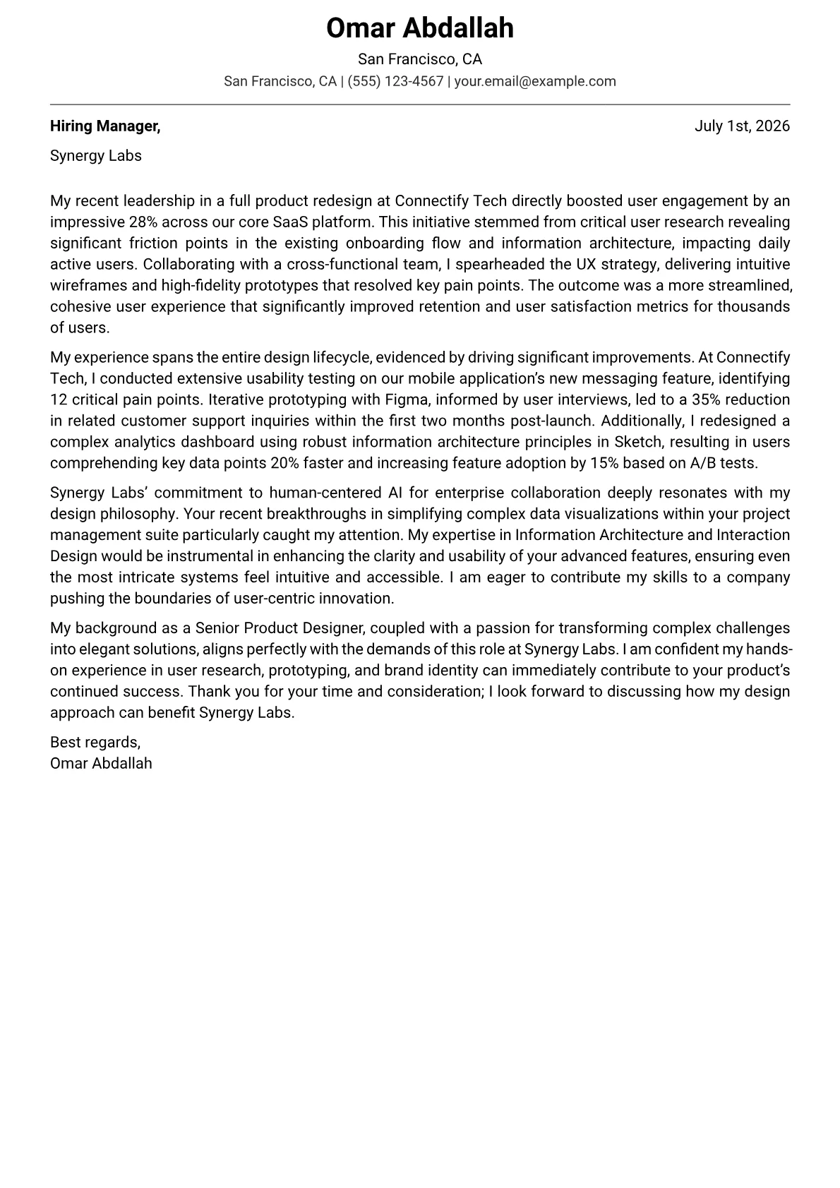 Designer cover letter formatted with a JobSprout template