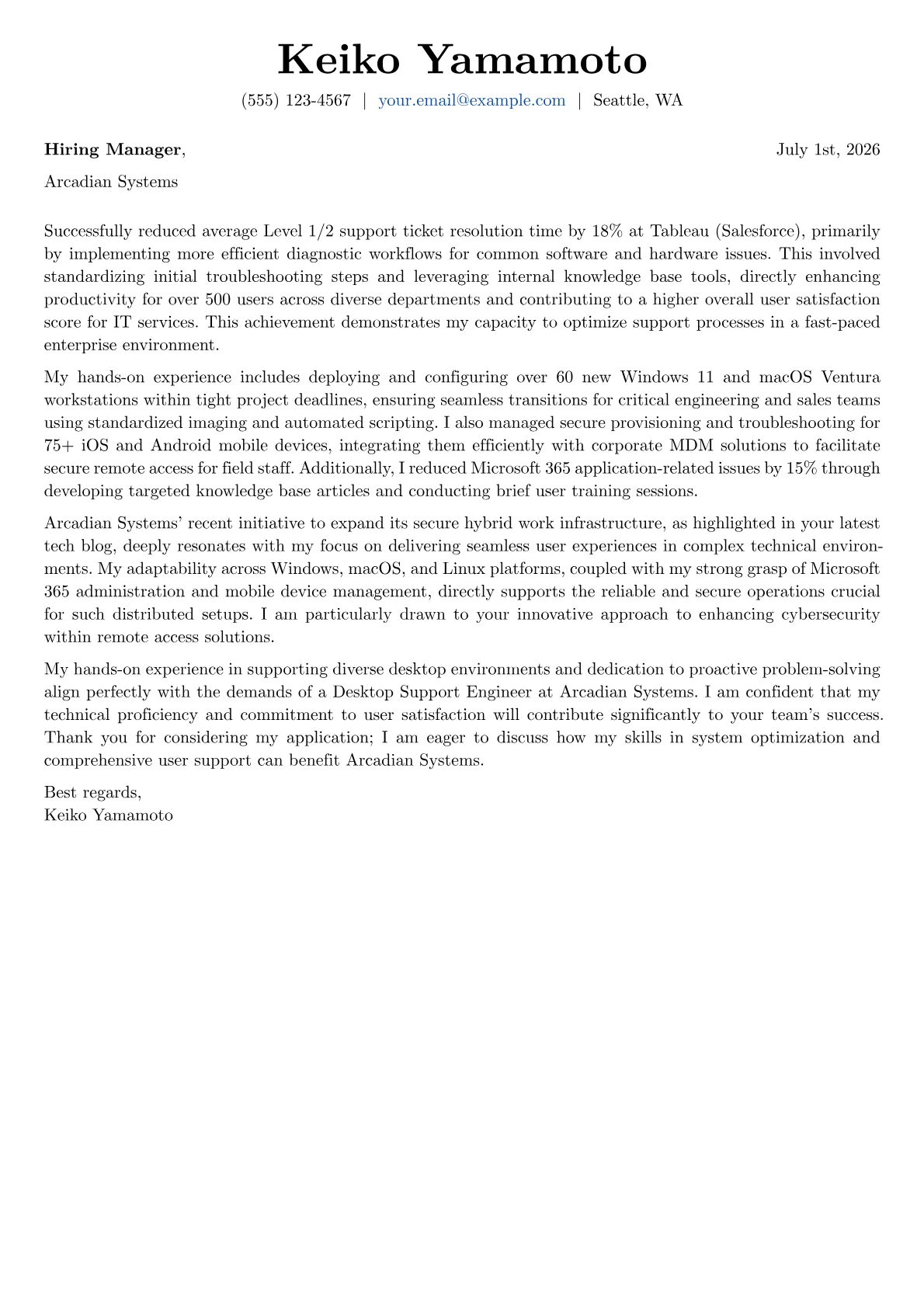 Desktop Support Engineer cover letter formatted with a JobSprout template