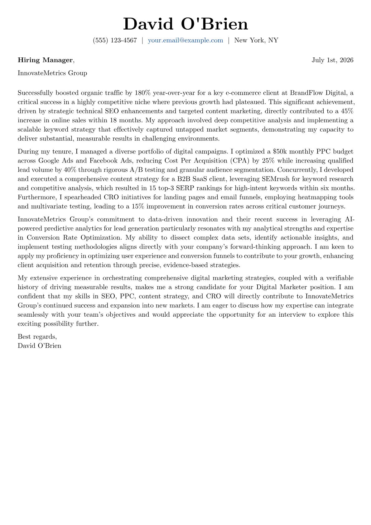 Digital Marketer cover letter formatted with a JobSprout template