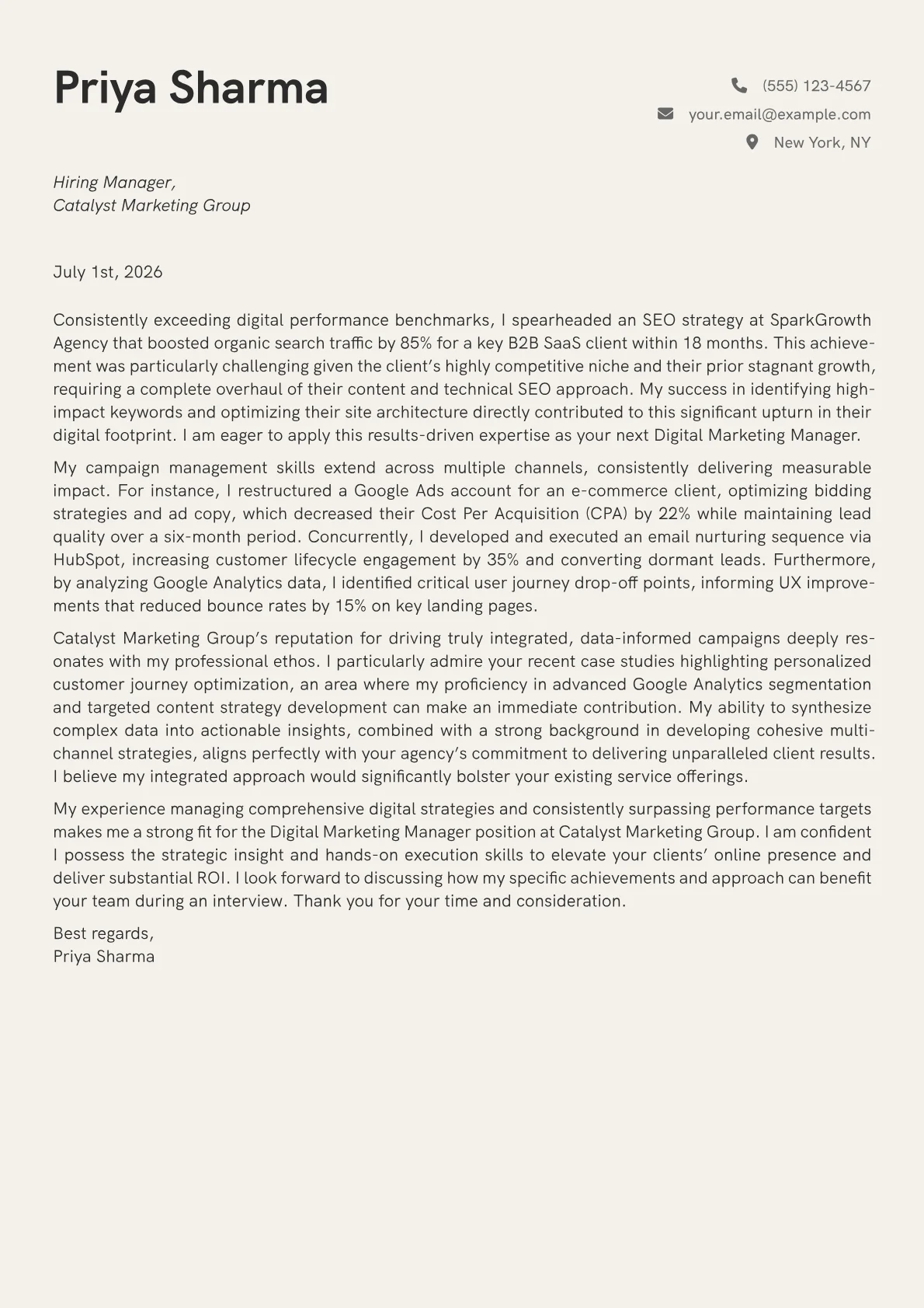 Digital Marketing Manager cover letter formatted with a JobSprout template