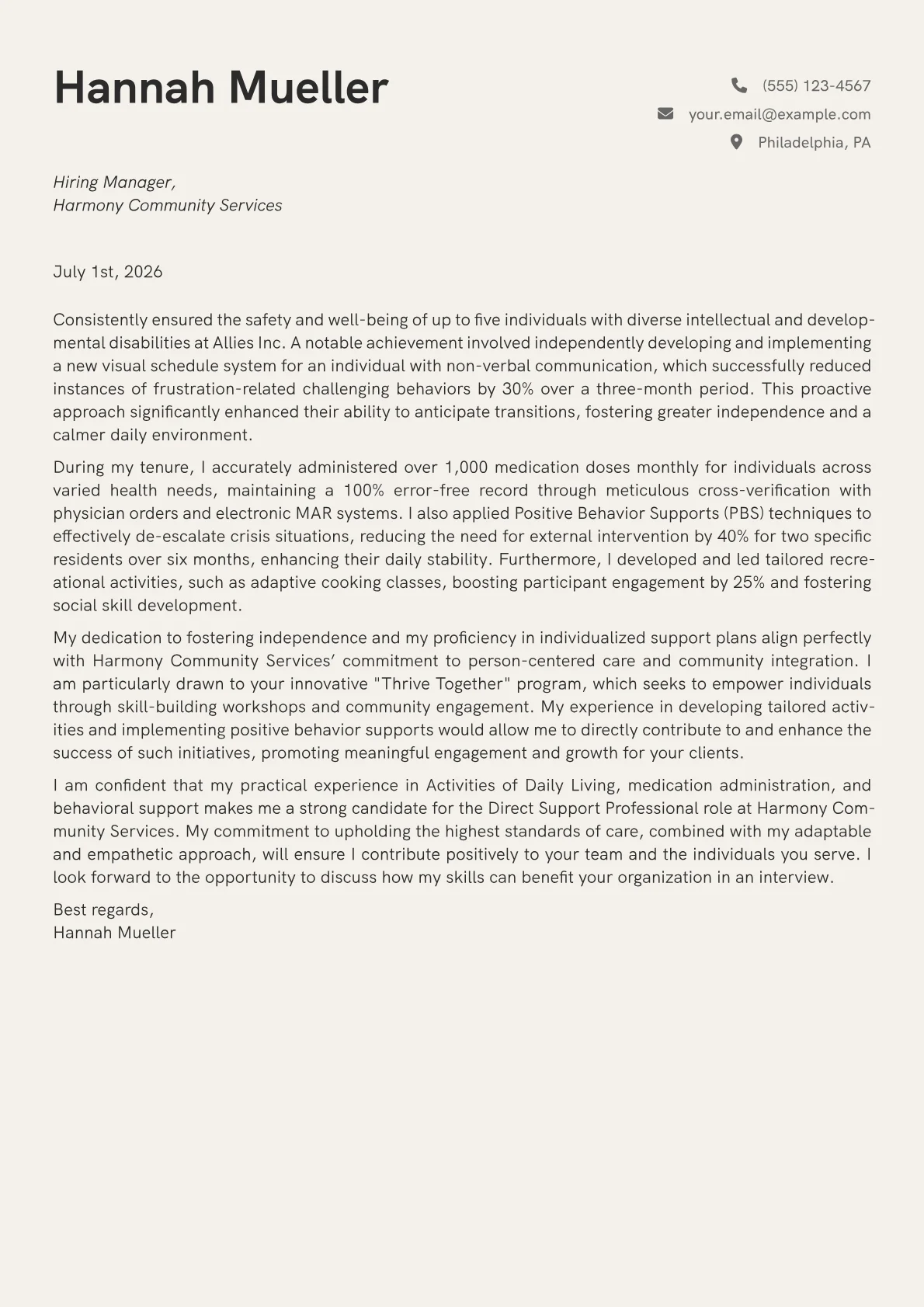 Direct Support Professional cover letter formatted with a JobSprout template