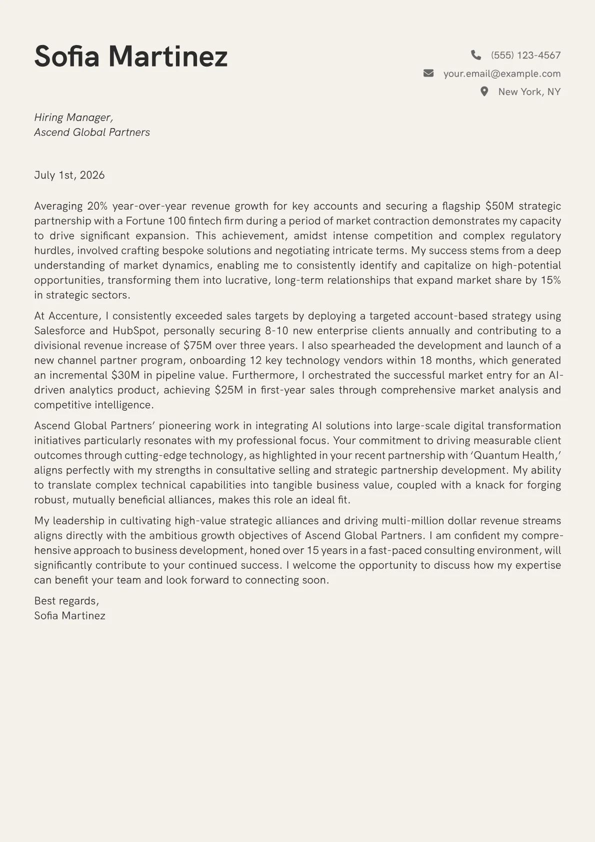 Director of Business Development cover letter formatted with a JobSprout template