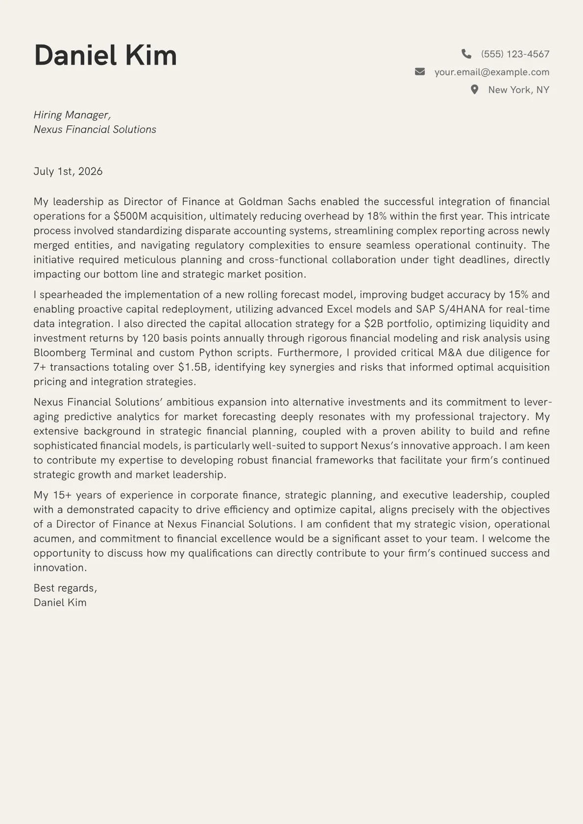 Director of Finance cover letter formatted with a JobSprout template