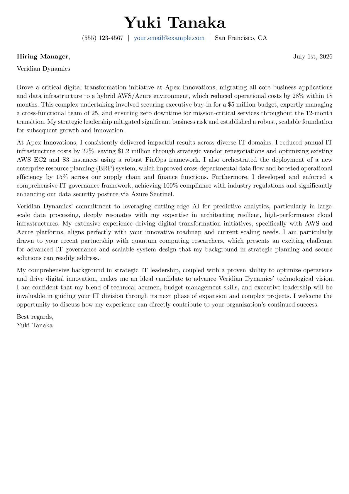 Director of Information Technology cover letter formatted with a JobSprout template