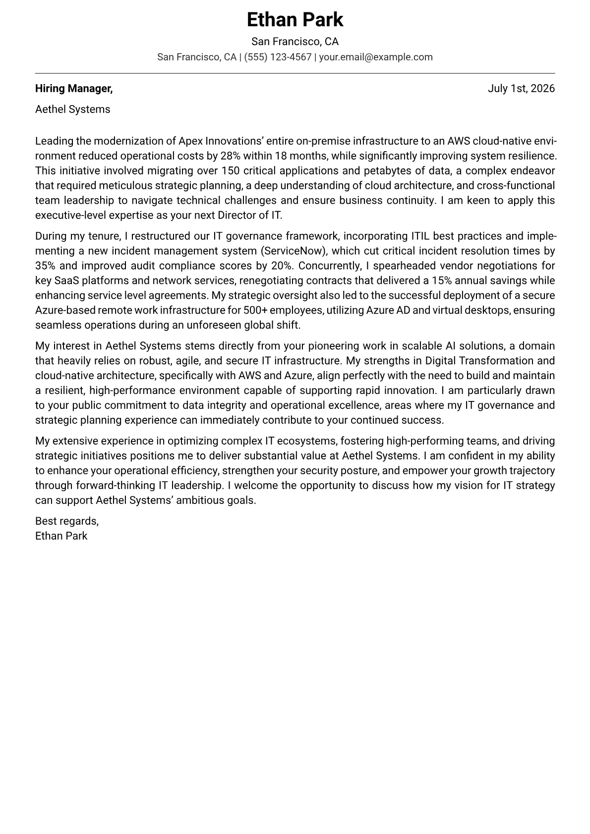 Director of IT cover letter formatted with a JobSprout template