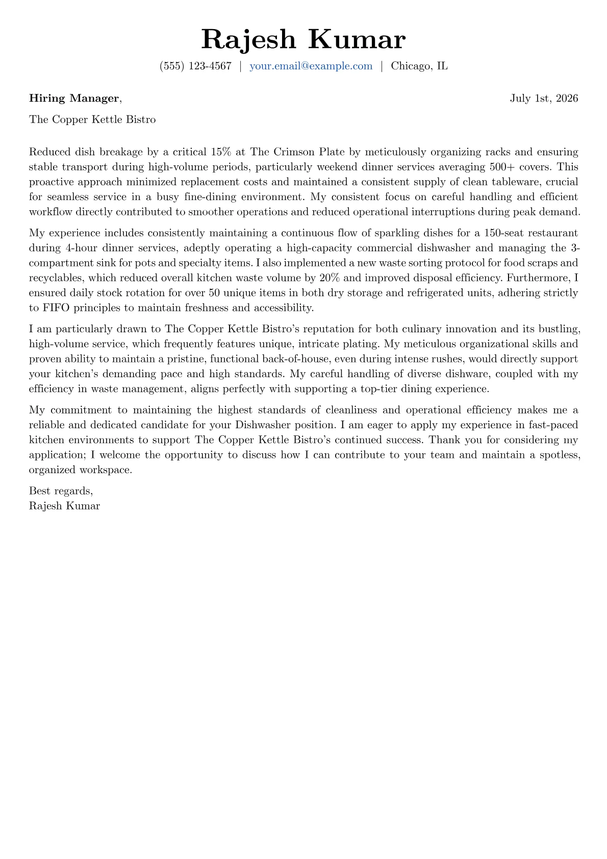 Dishwasher cover letter formatted with a JobSprout template