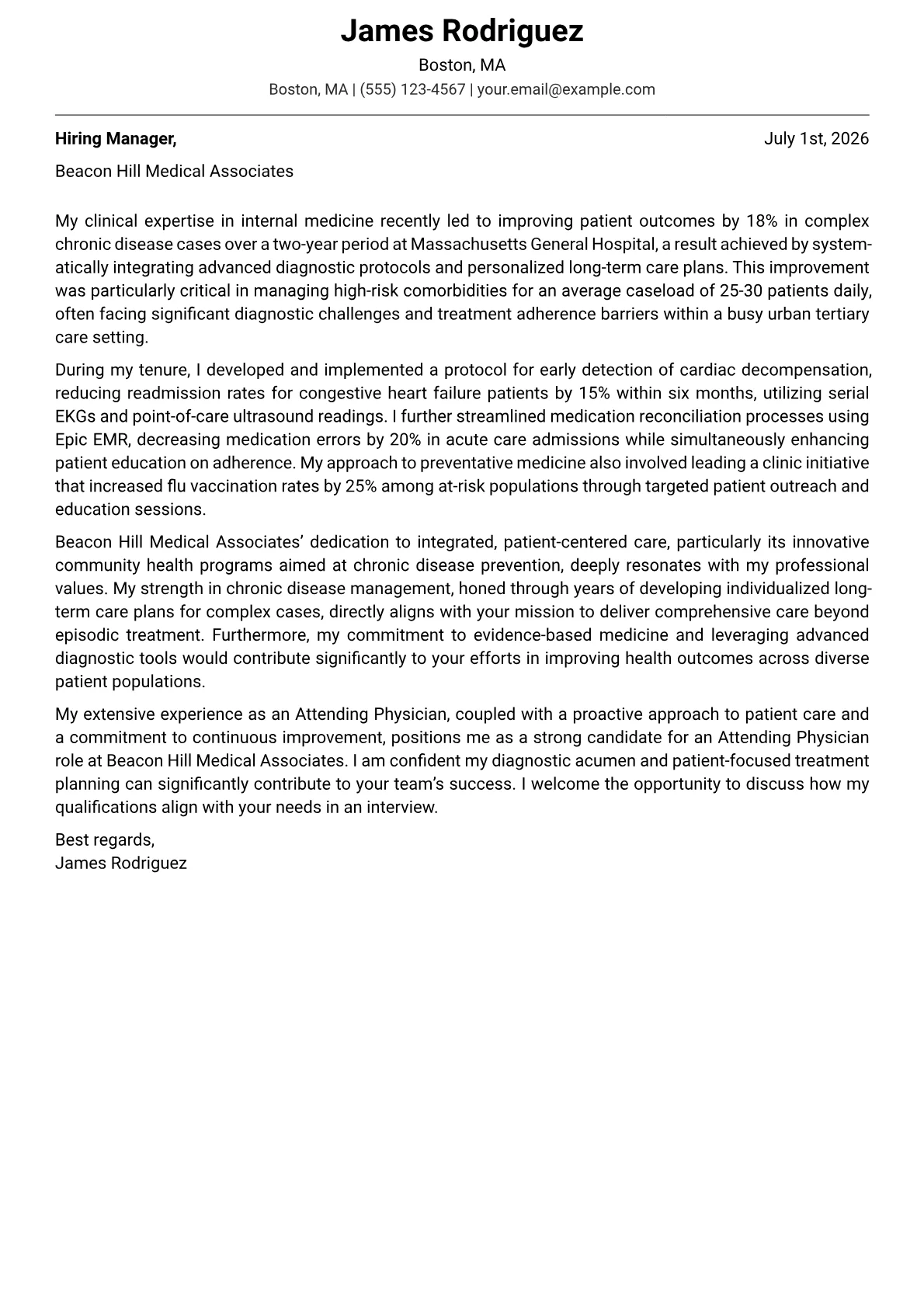 Doctor cover letter formatted with a JobSprout template