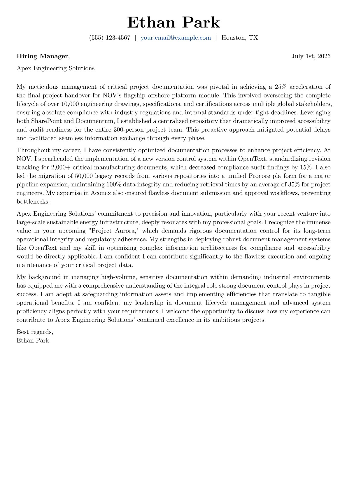 Document Controller cover letter formatted with a JobSprout template