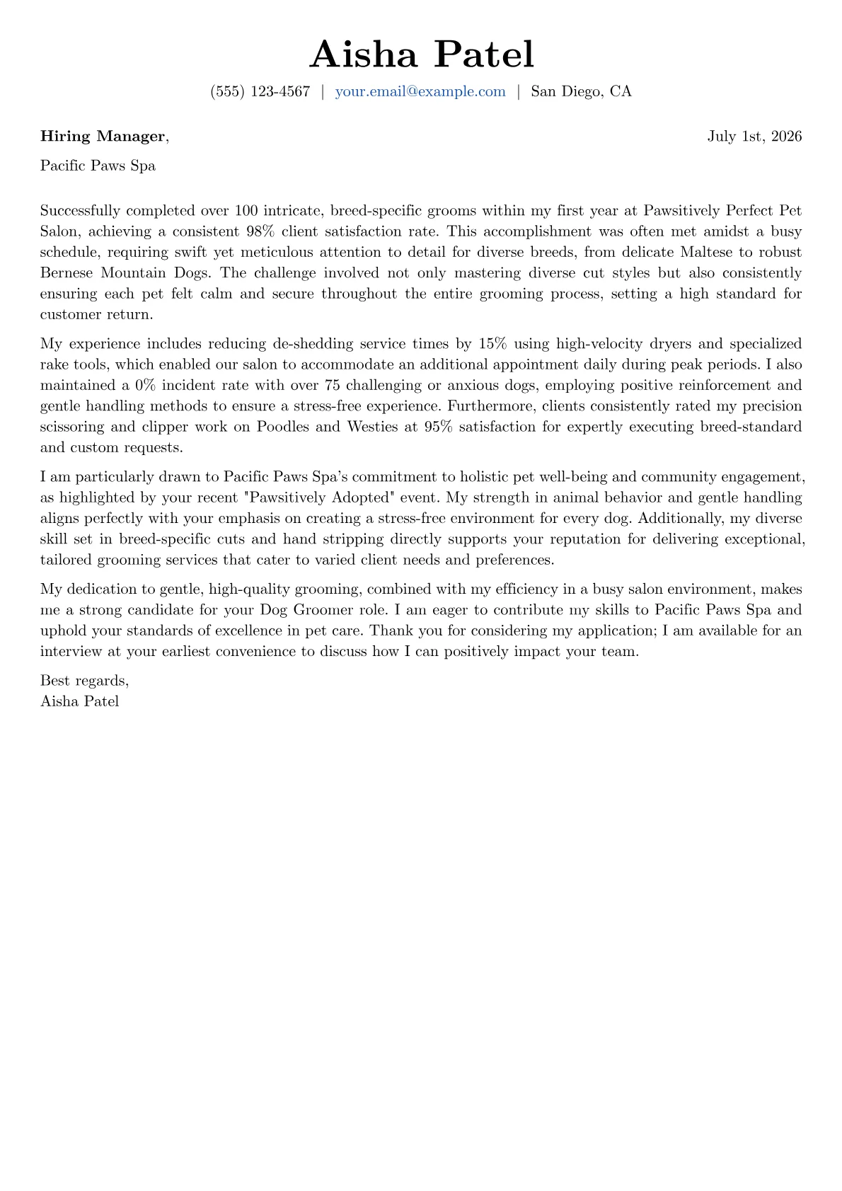Dog Groomer cover letter formatted with a JobSprout template
