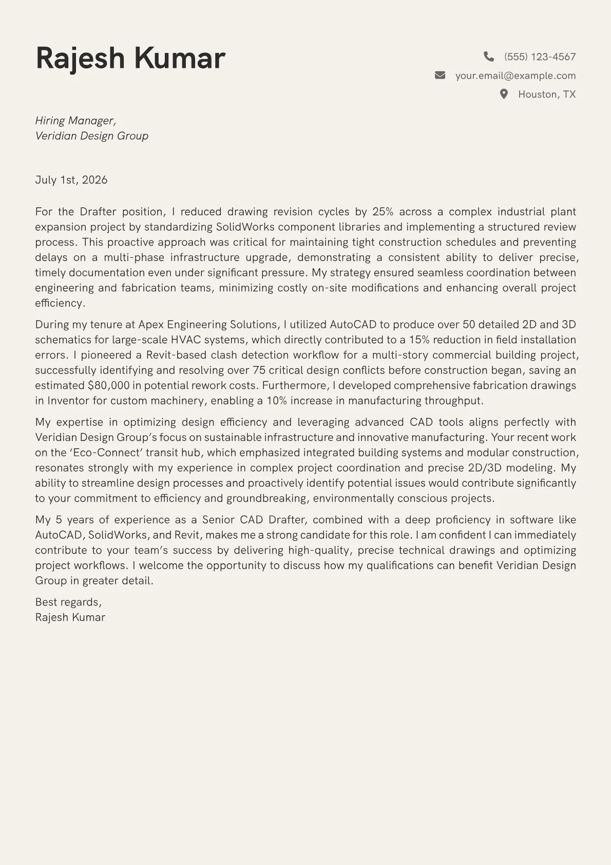 Drafter cover letter formatted with a JobSprout template
