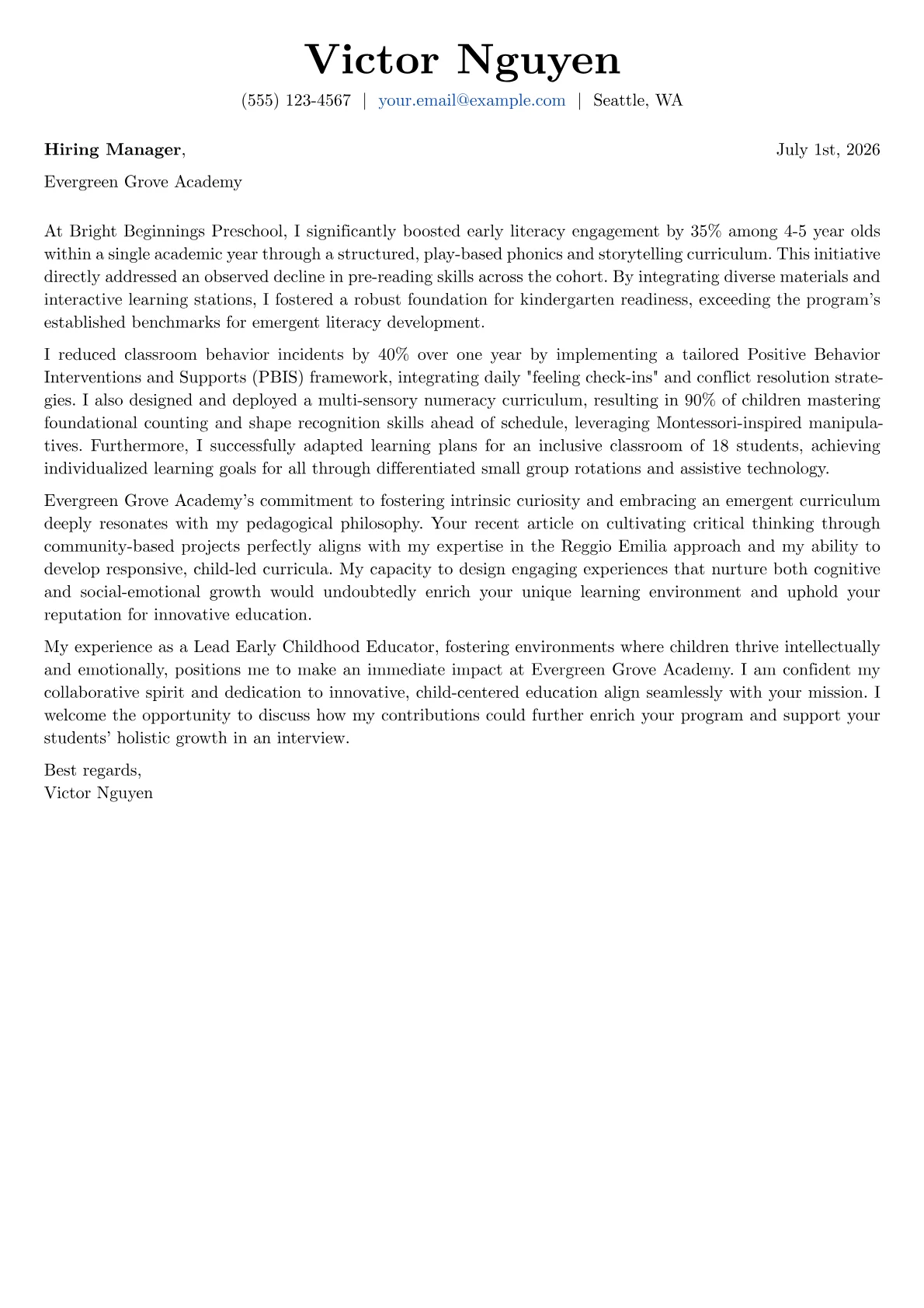 Early Childhood Educator cover letter formatted with a JobSprout template