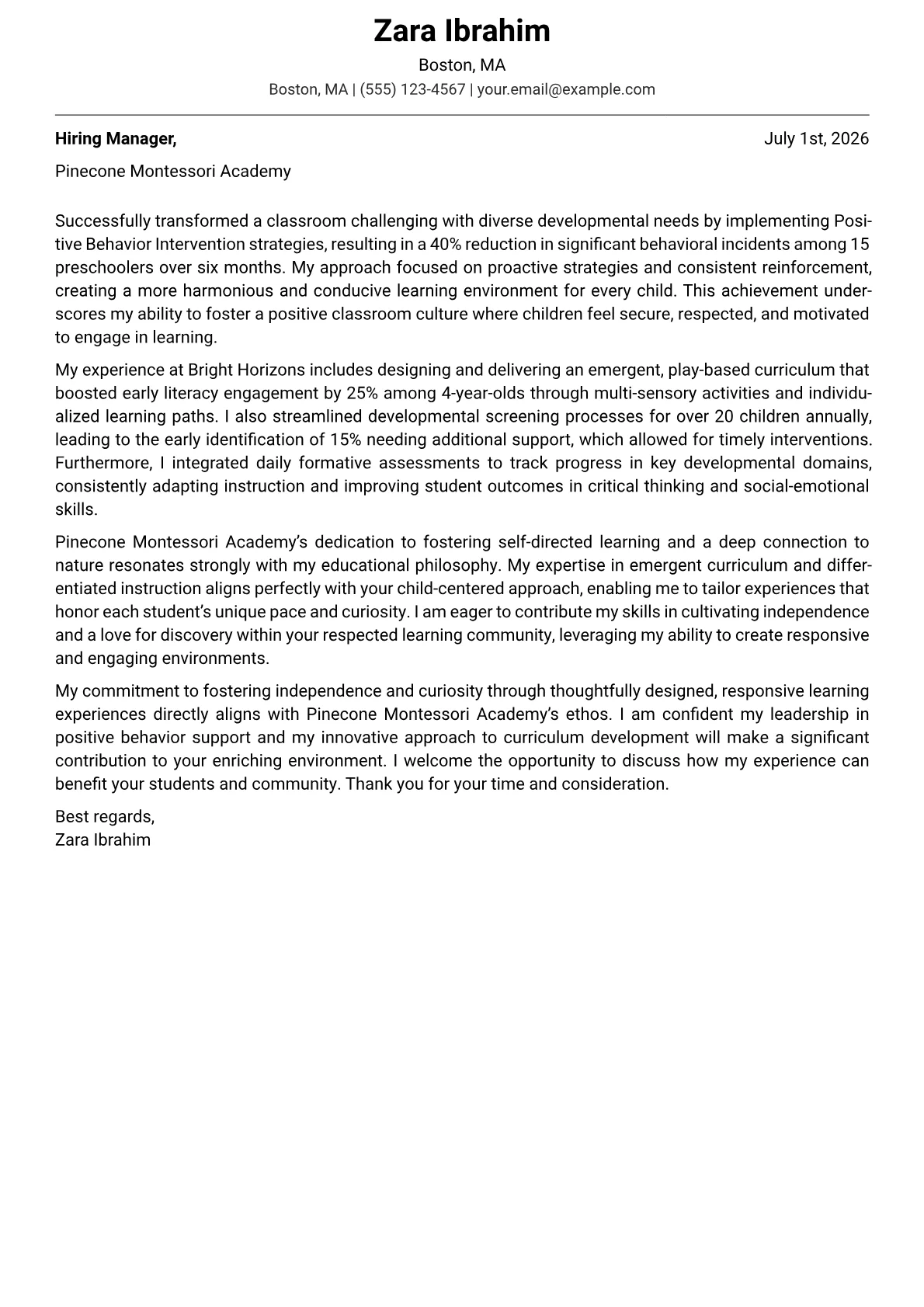 Early Childhood Teacher cover letter formatted with a JobSprout template