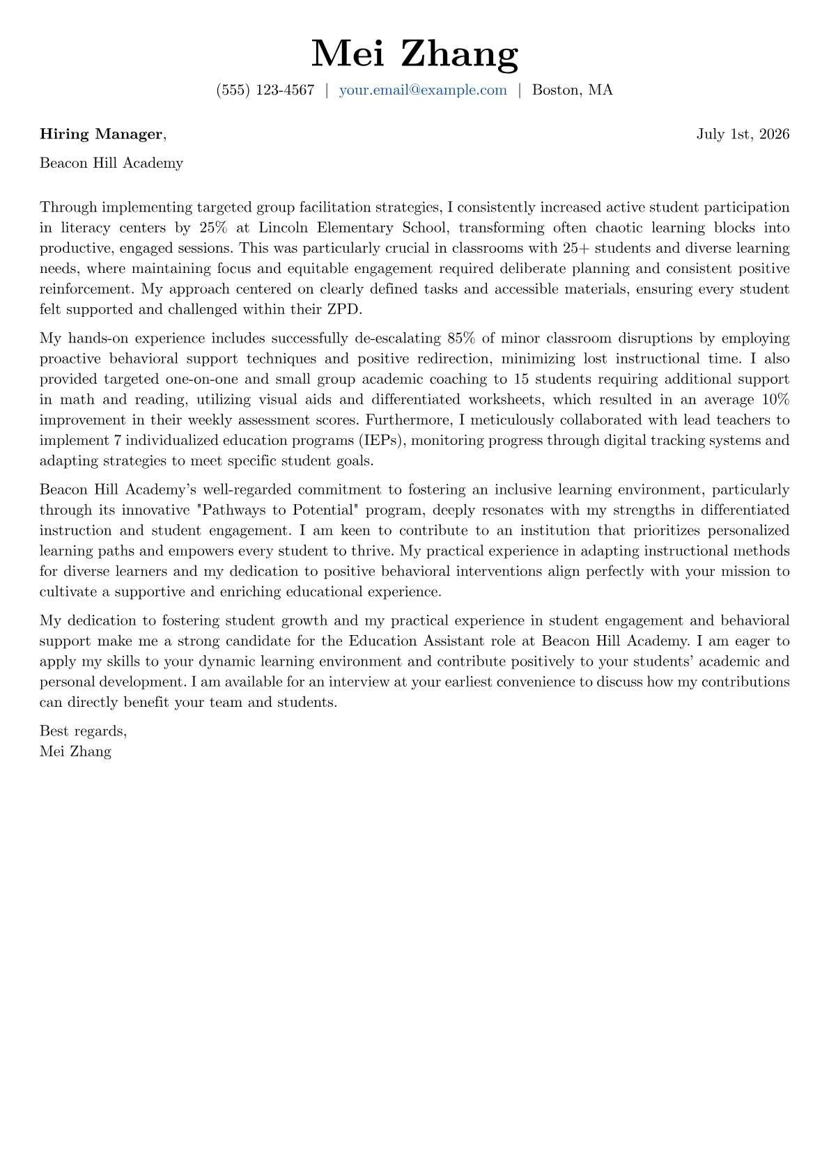 Education Assistant cover letter formatted with a JobSprout template