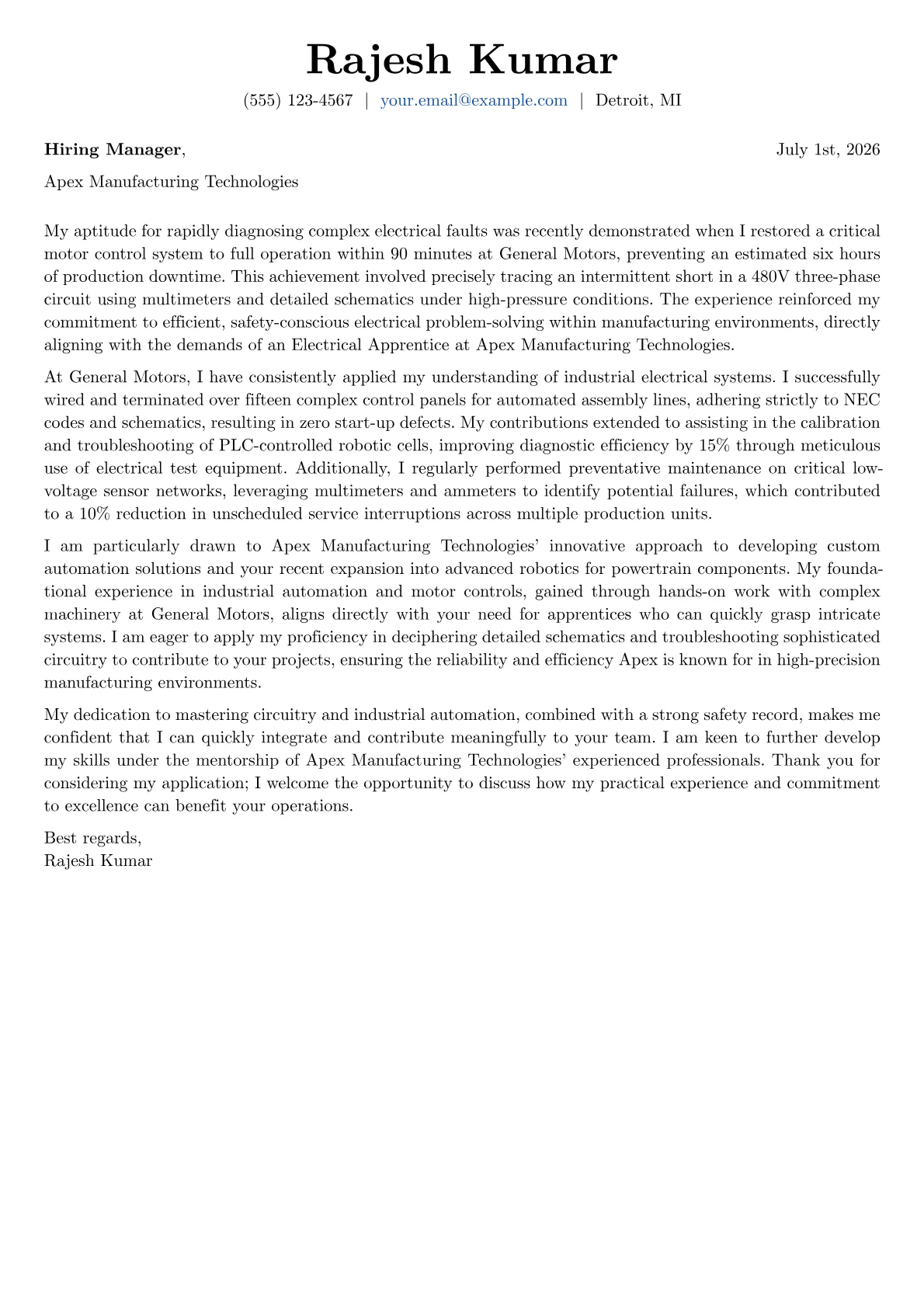 Electrical Apprentice cover letter formatted with a JobSprout template