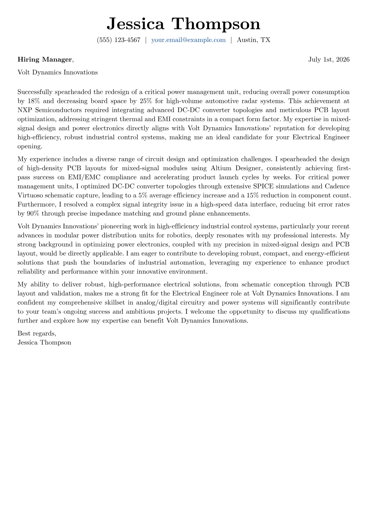 Electrical Engineer cover letter formatted with a JobSprout template
