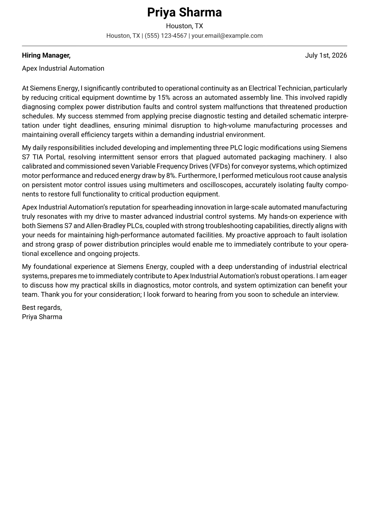 Electrical Technician cover letter formatted with a JobSprout template