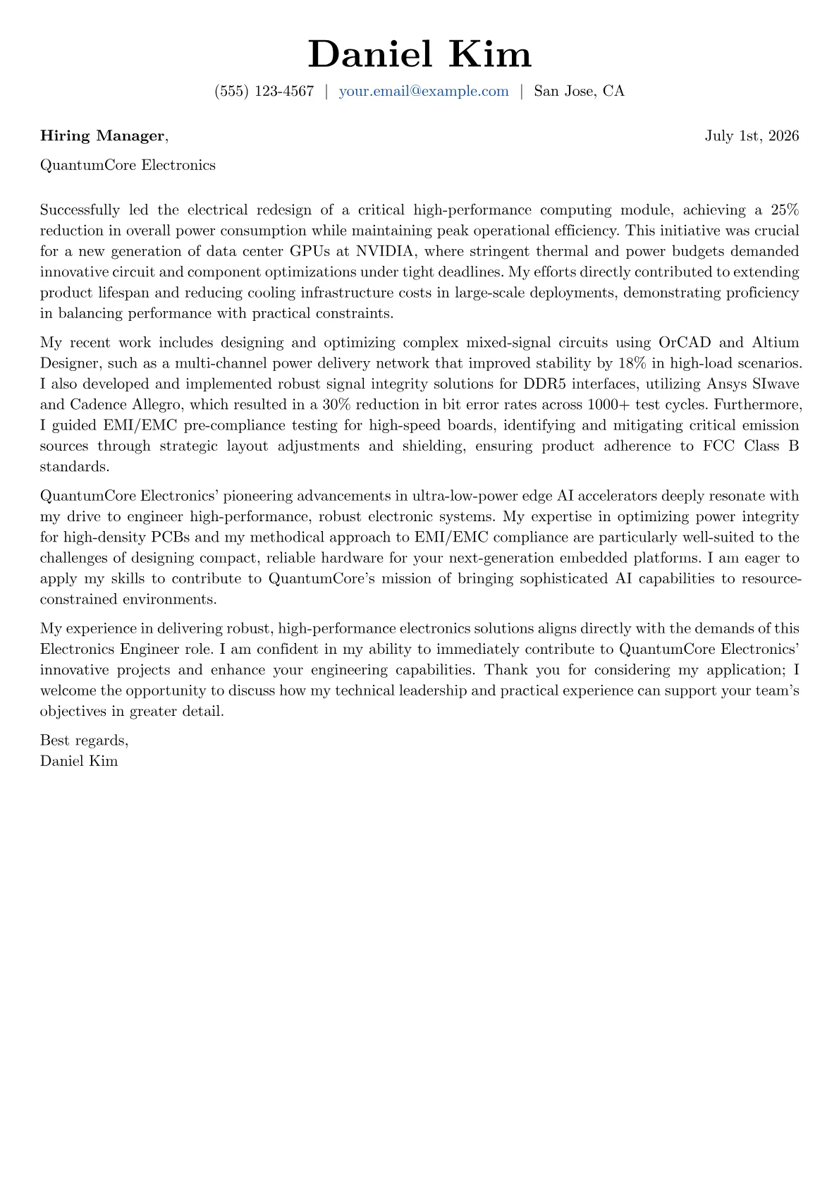 Electronics Engineer cover letter formatted with a JobSprout template