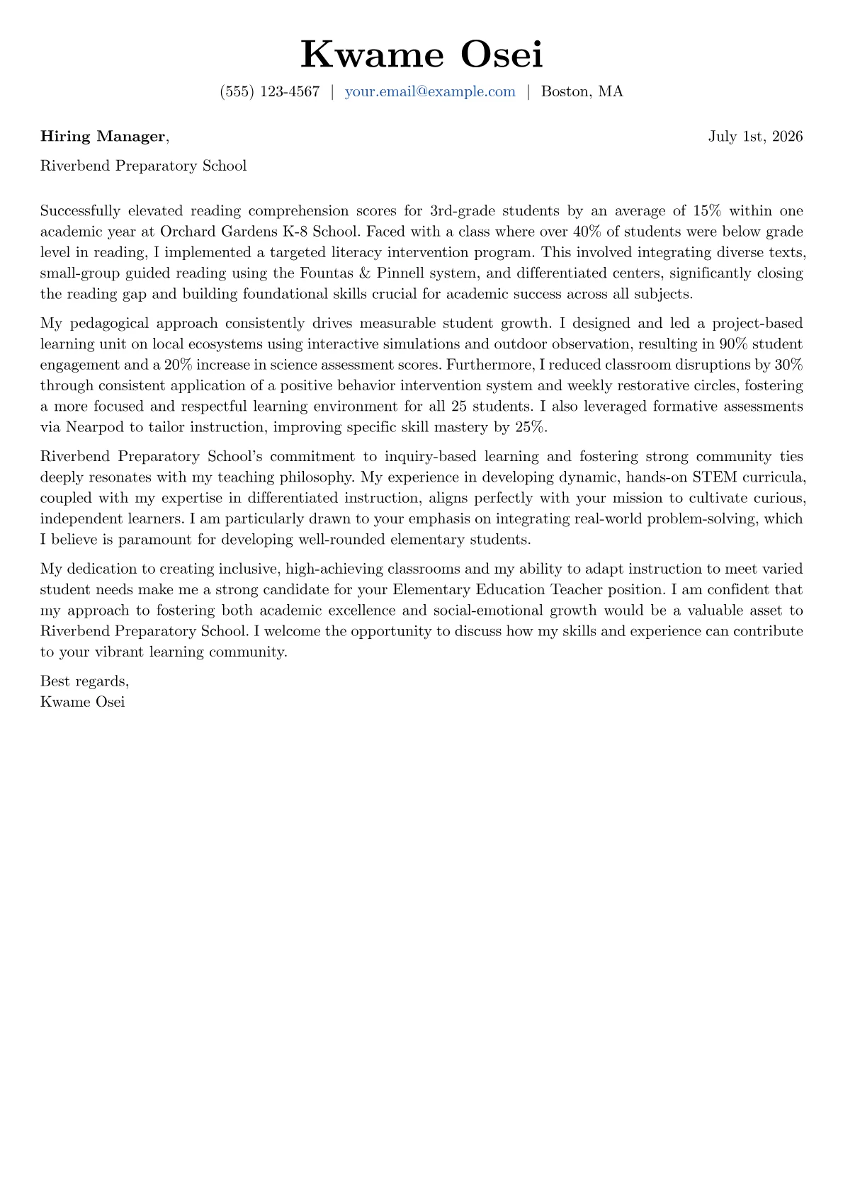 Elementary Education Teacher cover letter formatted with a JobSprout template