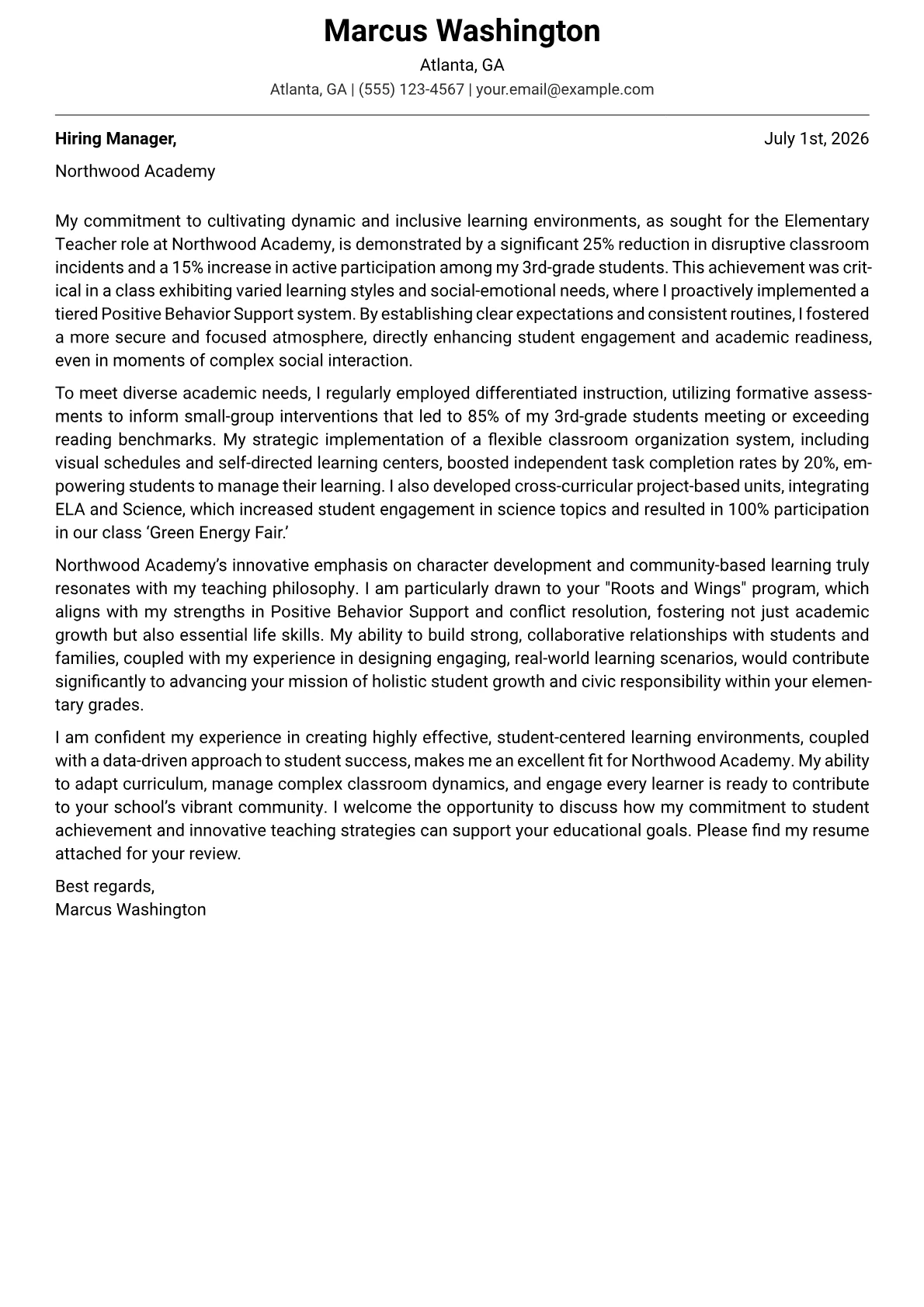 Elementary Teacher cover letter formatted with a JobSprout template