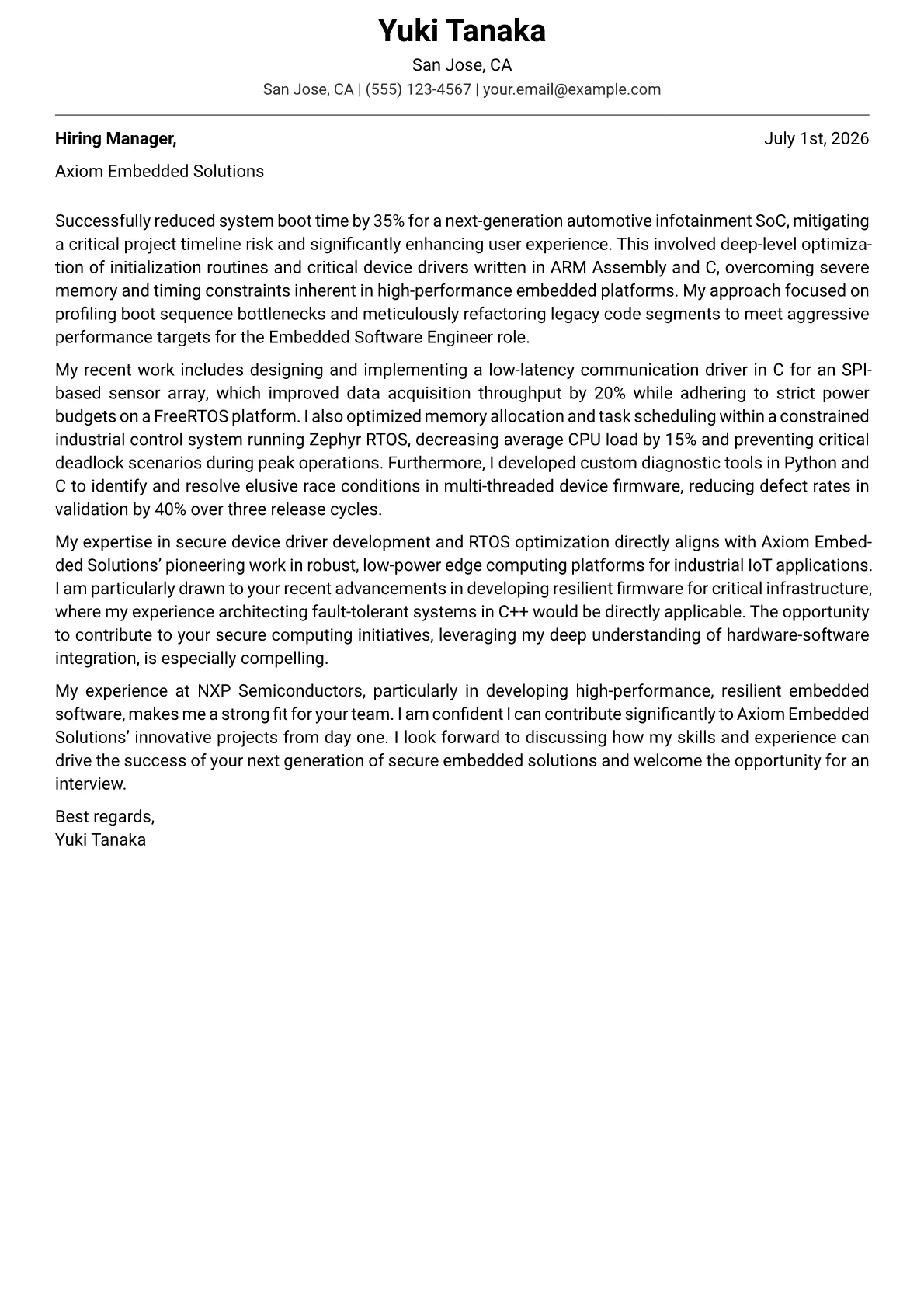 Embedded Software Engineer cover letter formatted with a JobSprout template