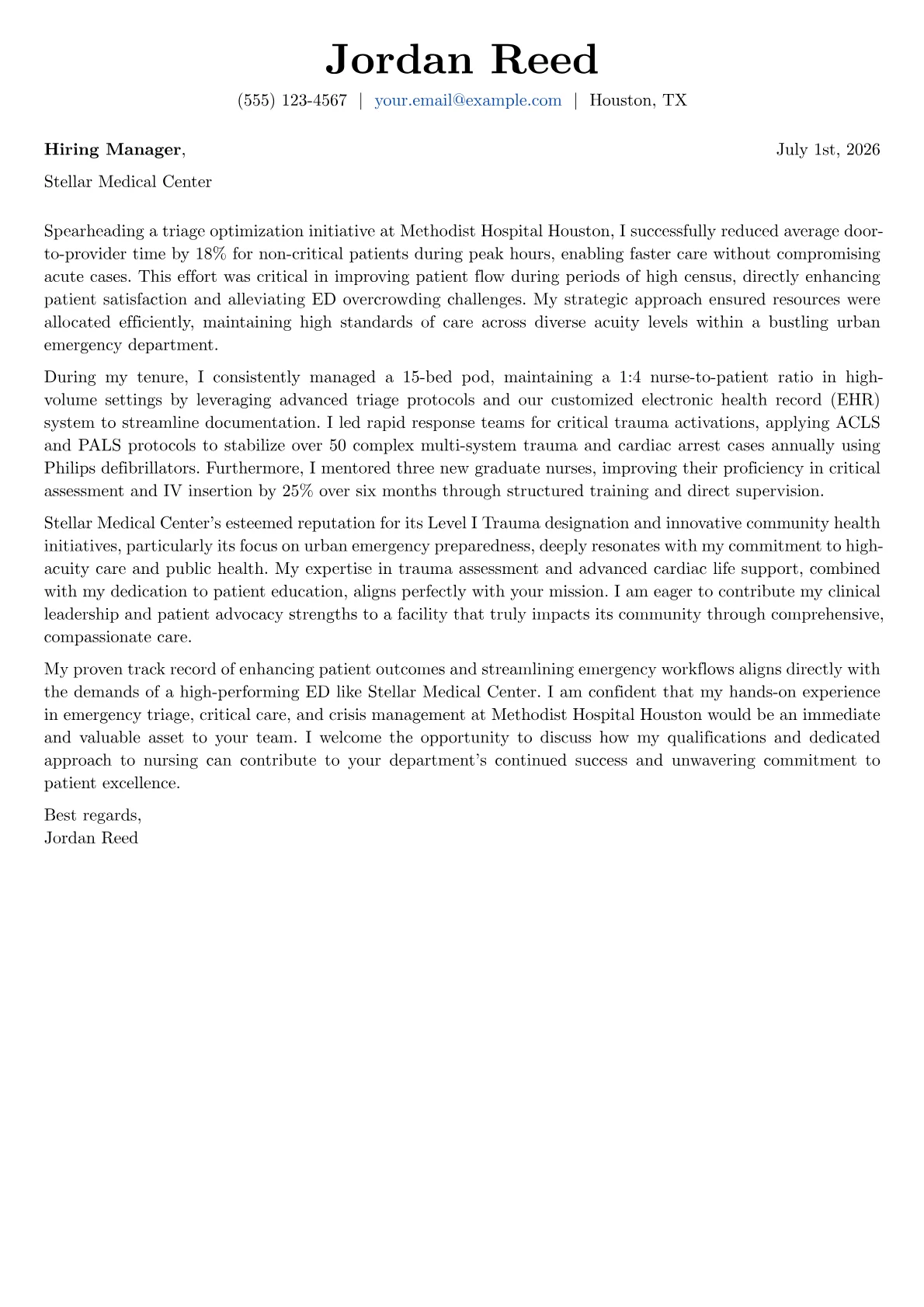 Emergency Department Nurse cover letter formatted with a JobSprout template