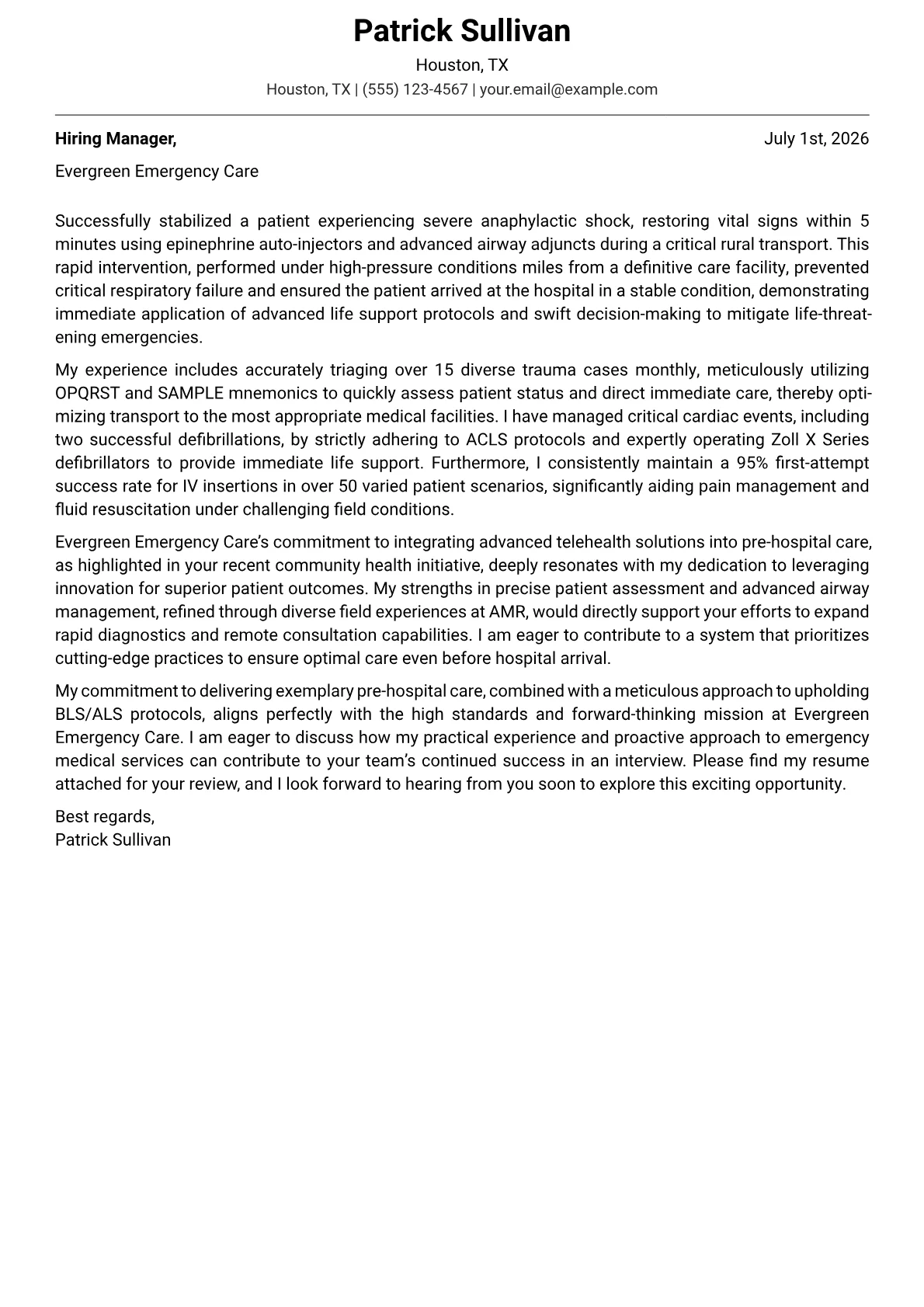 EMT cover letter formatted with a JobSprout template