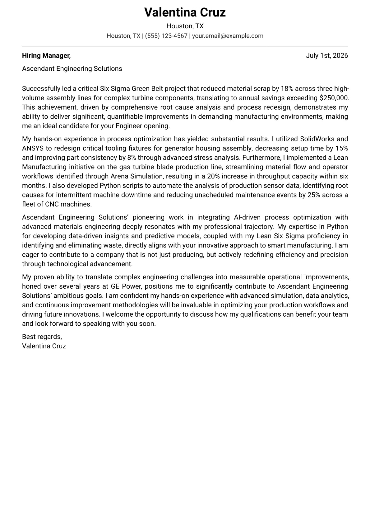 Engineer cover letter formatted with a JobSprout template
