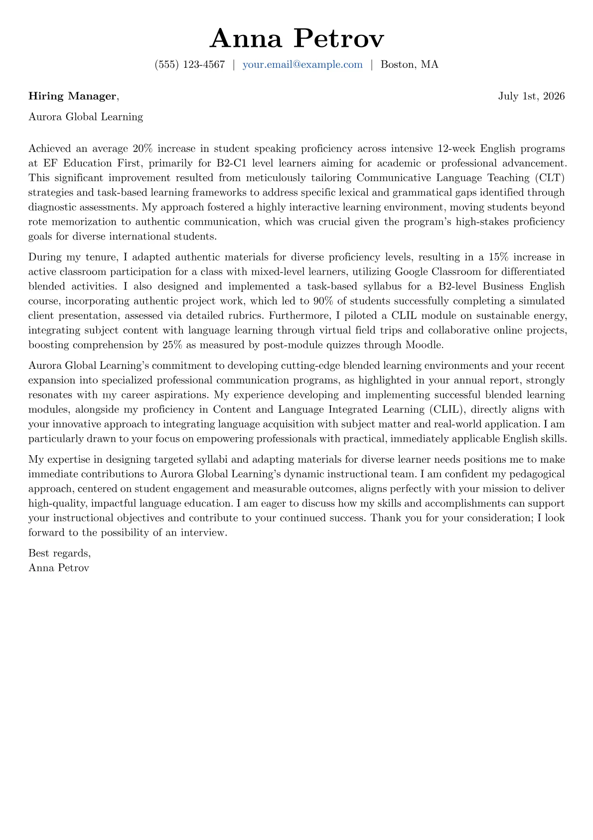 English Instructor cover letter formatted with a JobSprout template